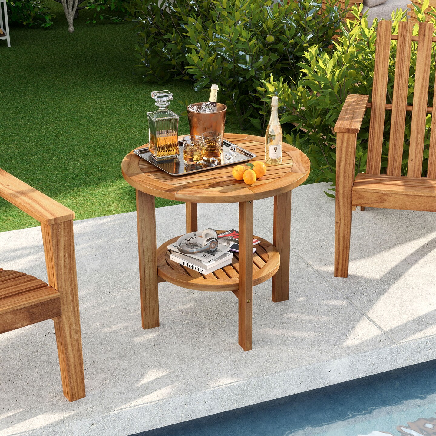 Natural Teak Wood 2-Tier Side Table with Slatted Design, Storage and Outdoor Versatility