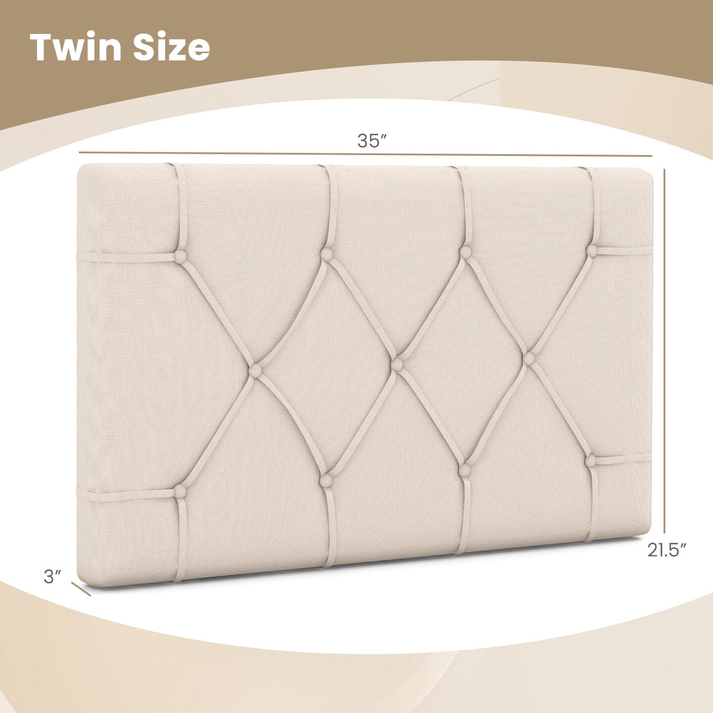 Beige Upholstered Twin Headboard with Adjustable Height, Button Tufted Design