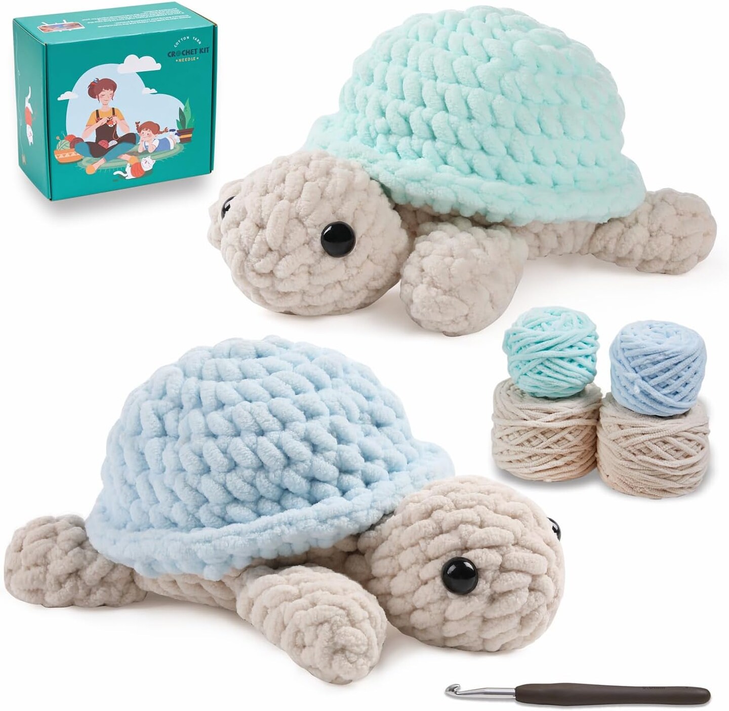 Crochet Kit for Beginners, Amigurumi Crocheting Animal Kits, with Step-by-Step Video Tutorials for Kids Adults Beginner - 2 Pack Turtles