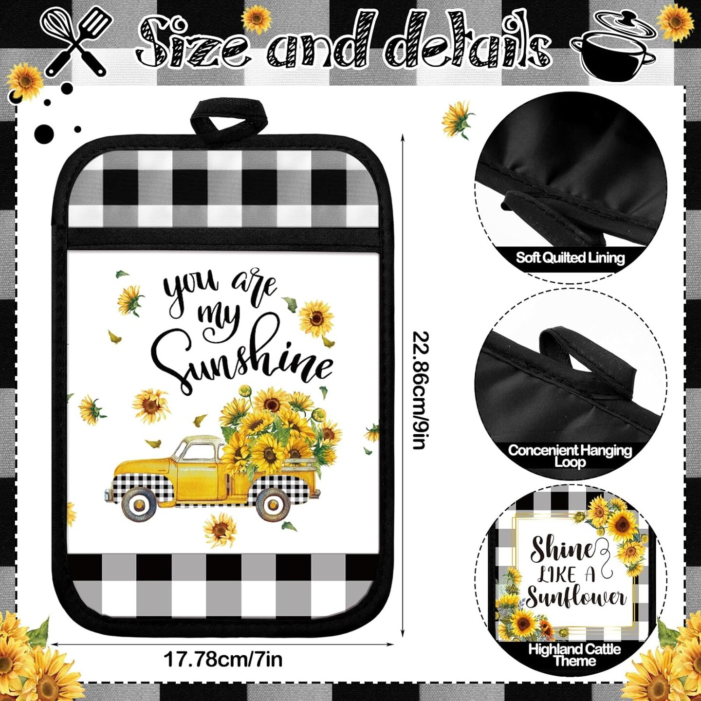 12 Pcs Sunflower Pot Holders with Pocket Teacher Appreciation Gift Bulk Summer Pot Holders Buffalo Plaid Hot Pads and Oven Mitts Gnomes Farmhouse Oven Gloves for Kitchen Baking Cooking Home