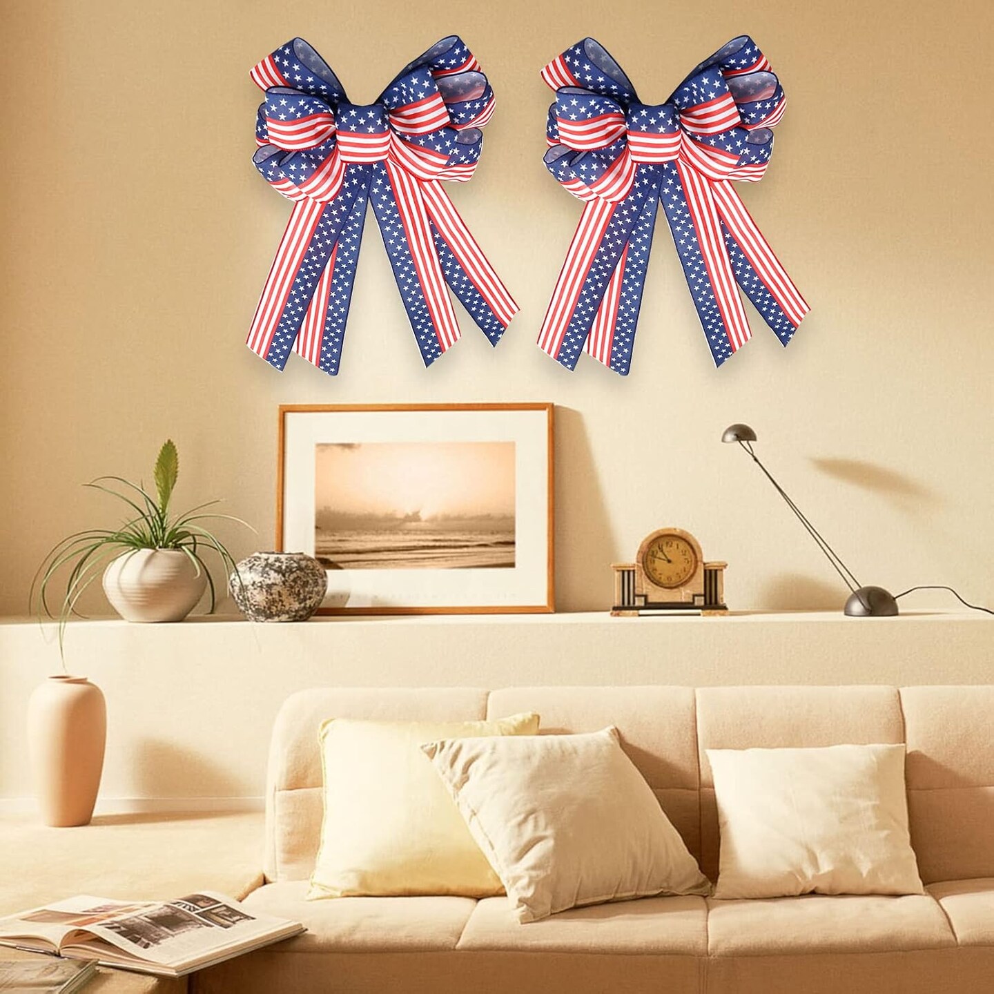 Large 4th of July Patriotic Bows for Wreath,American Flag Wreath Bows Stars Decor American Flag Bow for Wall Decor