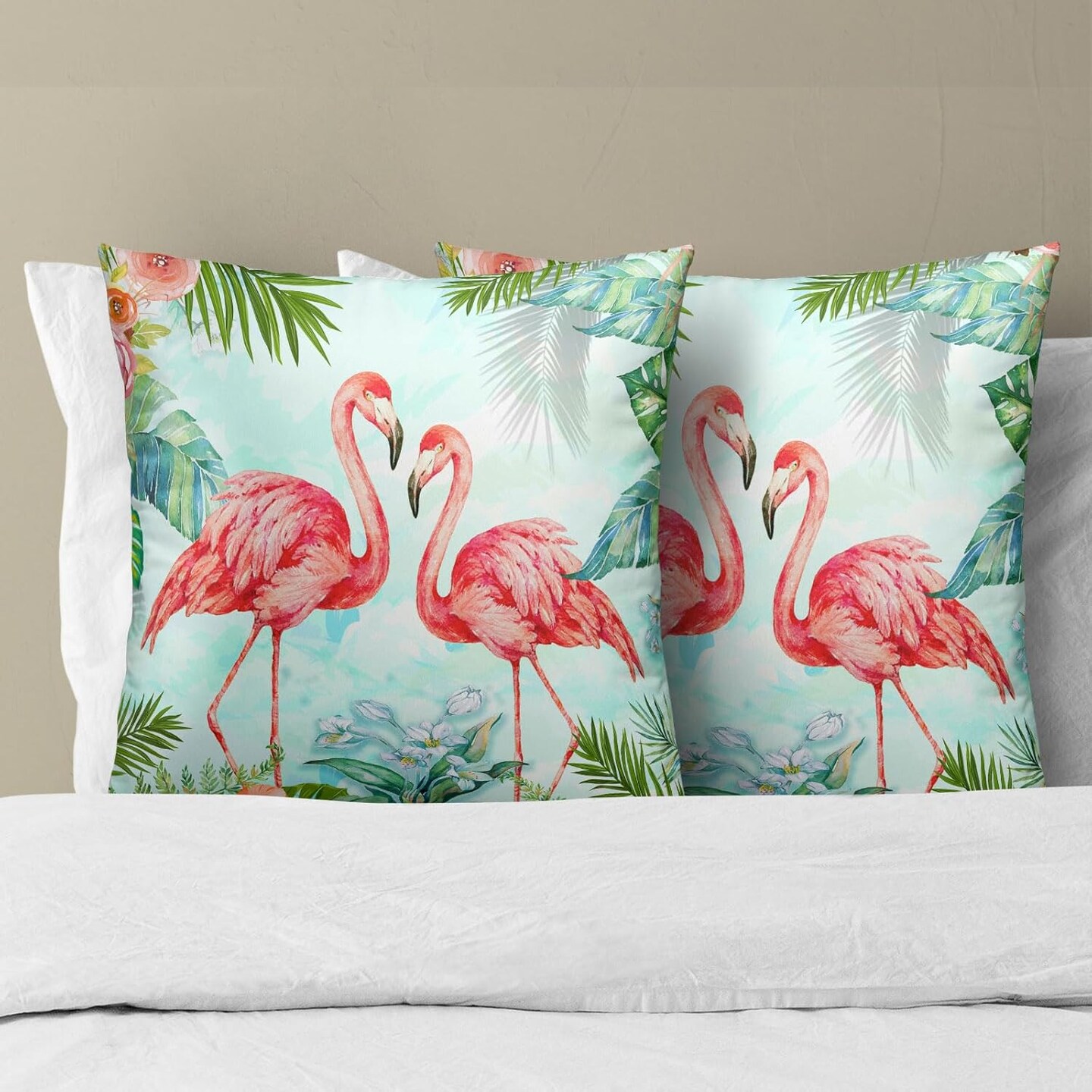 Throw Pillow Covers 18x18 Inch Pink Bird Flowers Home Decorative Pillowcase Tropical Leaves Cushion Cover for Indoor Outdoor Living Room Sofa Bedroom,Set of 2