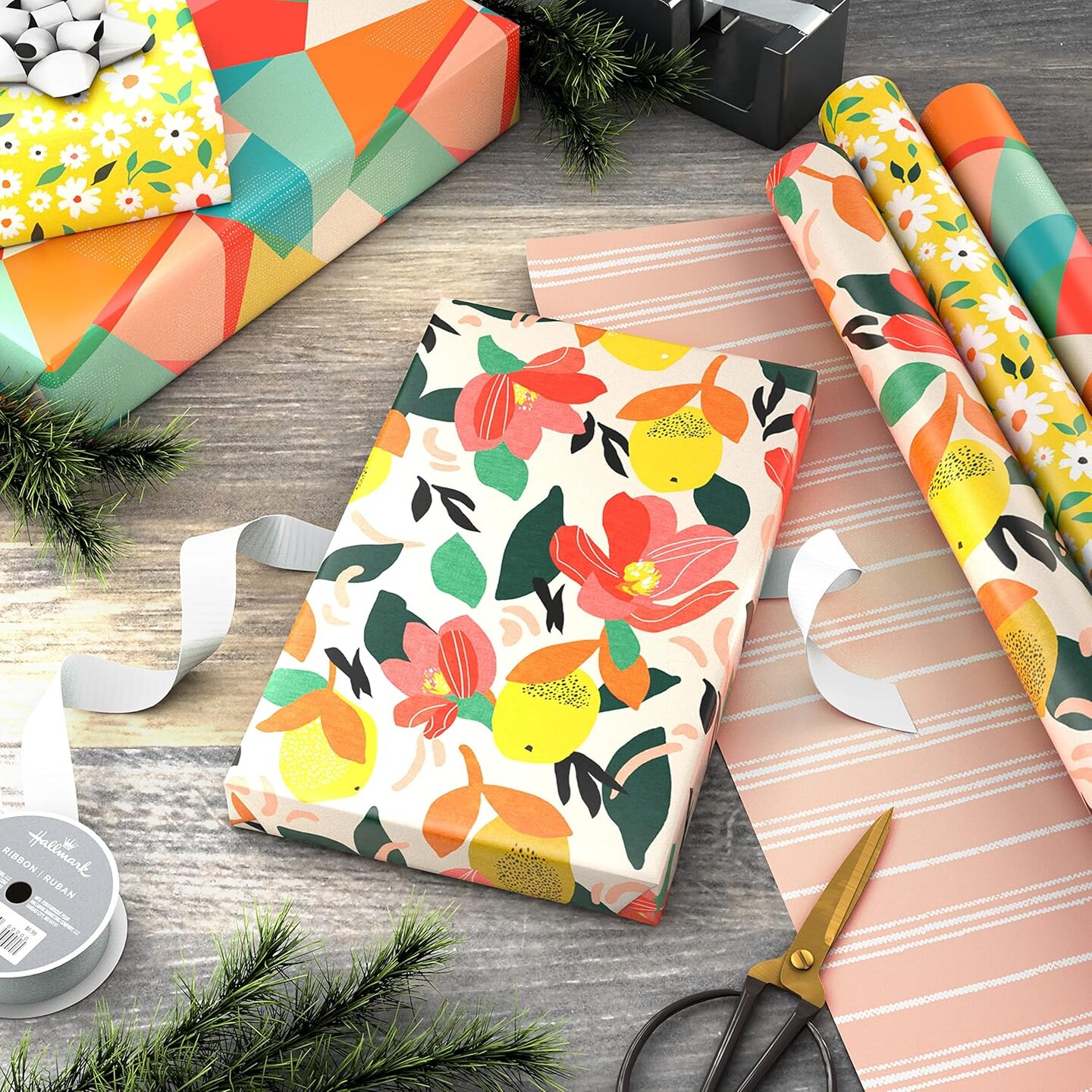 Reversible Spring Wrapping Paper (3 Rolls: 75 Sq. Ft. Ttl) Floral, Lemons, Bright Abstract for Easter, Birthdays, Mother's Day, Bridal Showers, Baby Showers
