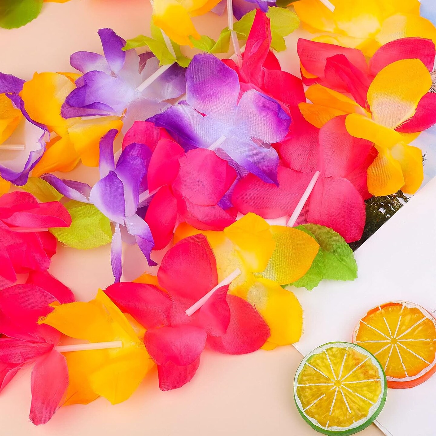 24 Pieces Summer Garland Hawaiian Leis Necklaces Bulk Hawaiian Leis Luau Garlands for Hawaiian Party Decorations, Luau Party Supplies