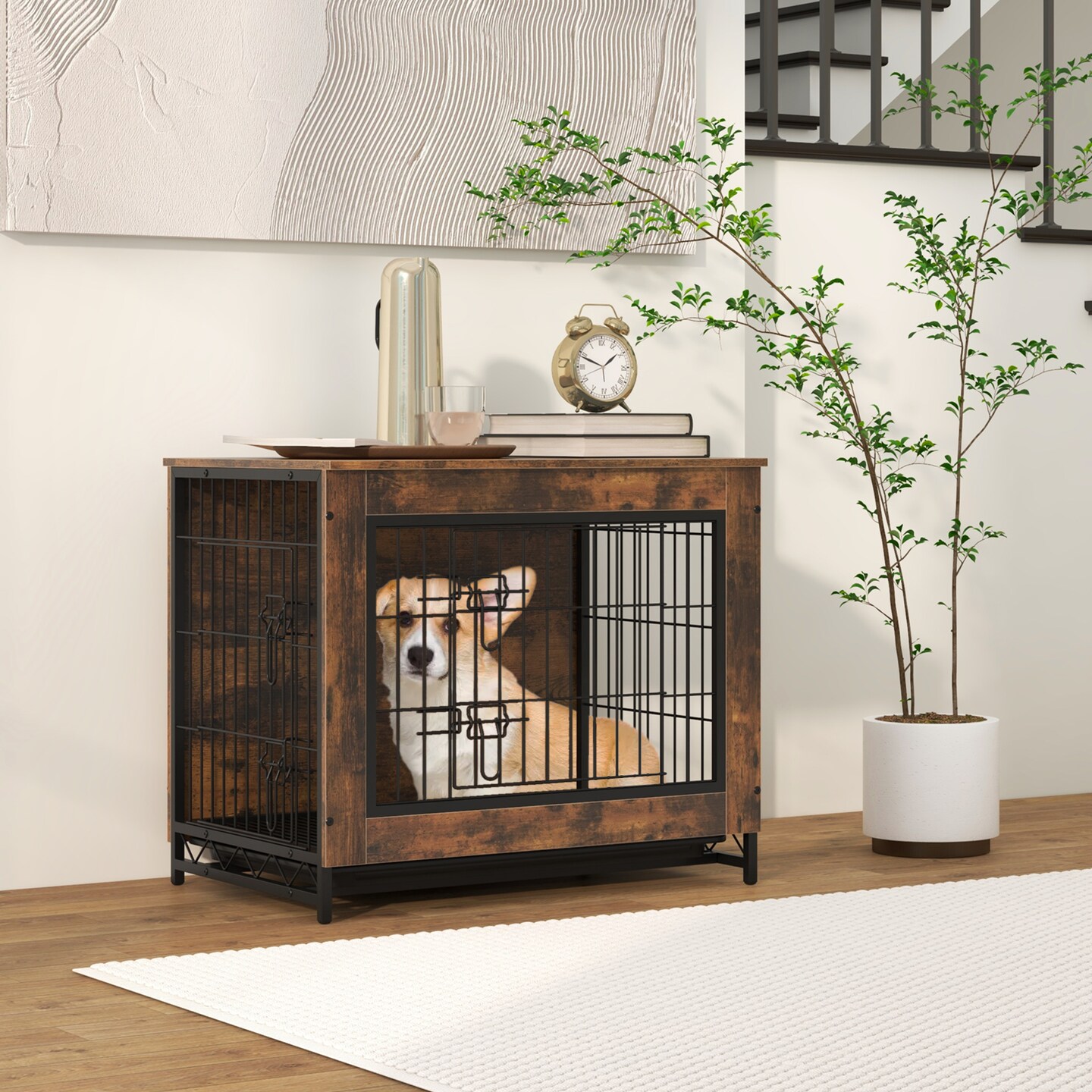 Rustic Brown MDF Metal Dog Crate Furniture with Dual Lockable Doors and Pull-Out Tray