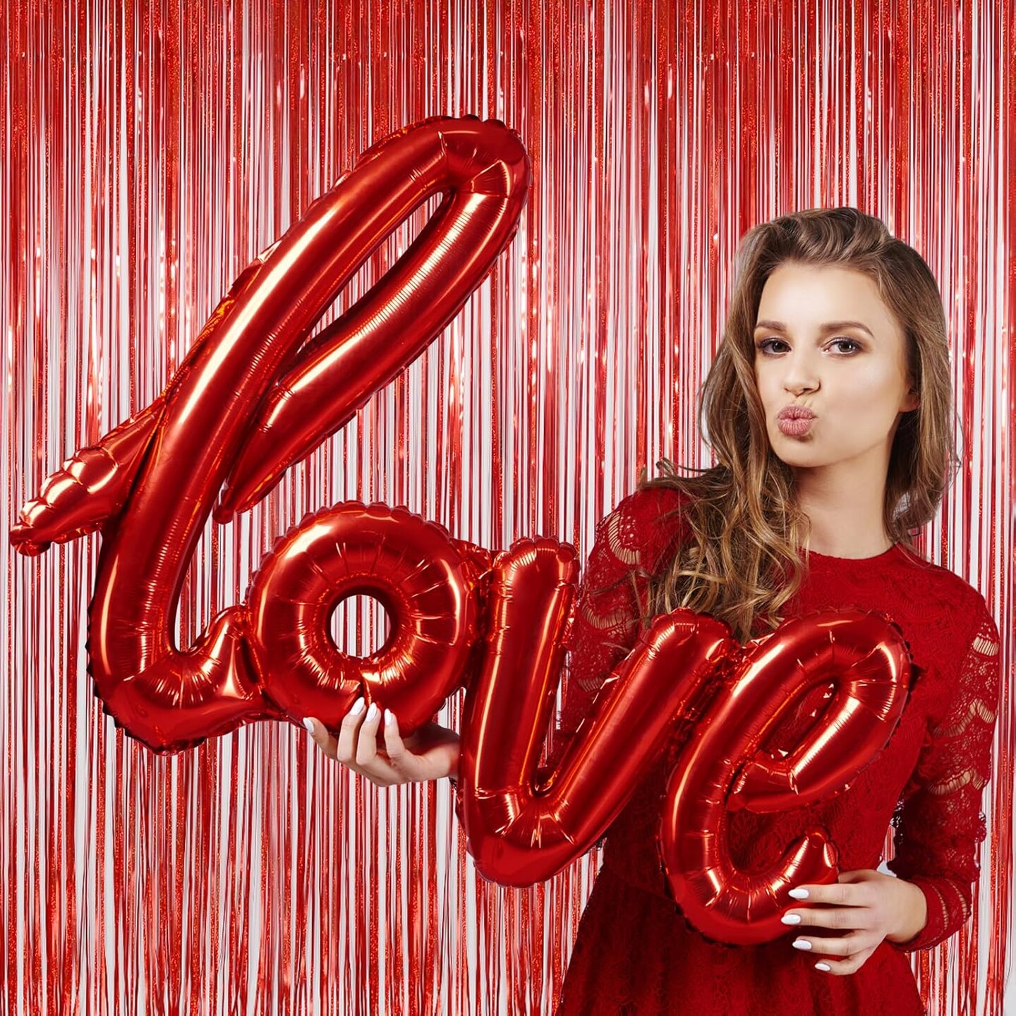 2 Pack Red Tinsel Foil Fringe Curtains Backdrop, Sparkle Tinsel Backdrop Curtains for Birthday Party Decorations