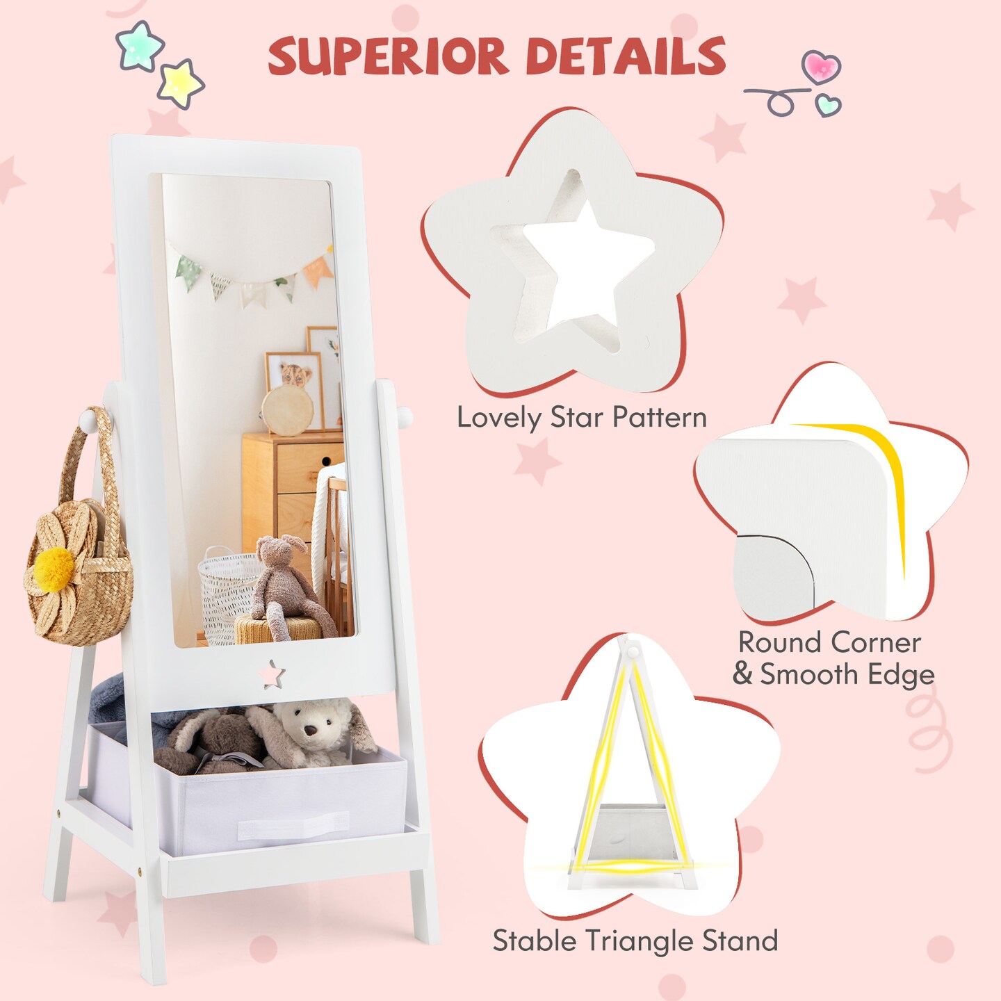 MDF Kids Full-Length Mirror with Storage Shelf, Rotating Acrylic Glass and Star Design