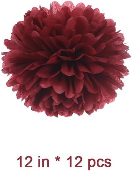 12&#x22; Burgundy Tissue Pom Poms DIY Hanging Decors Paper Flower Balls for Bridal Shower Birthday Party Wedding Backdrop Dessert Table Decoration Supplies, Pack of 12