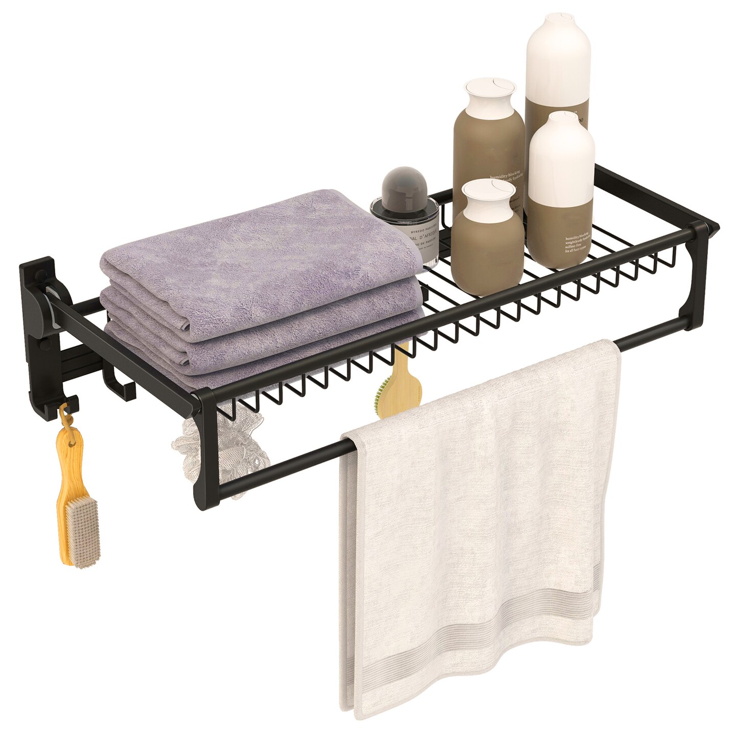 Foldable Space Aluminum Wall Towel Rack with Hooks &#x26; Shelf &#x2013; Black