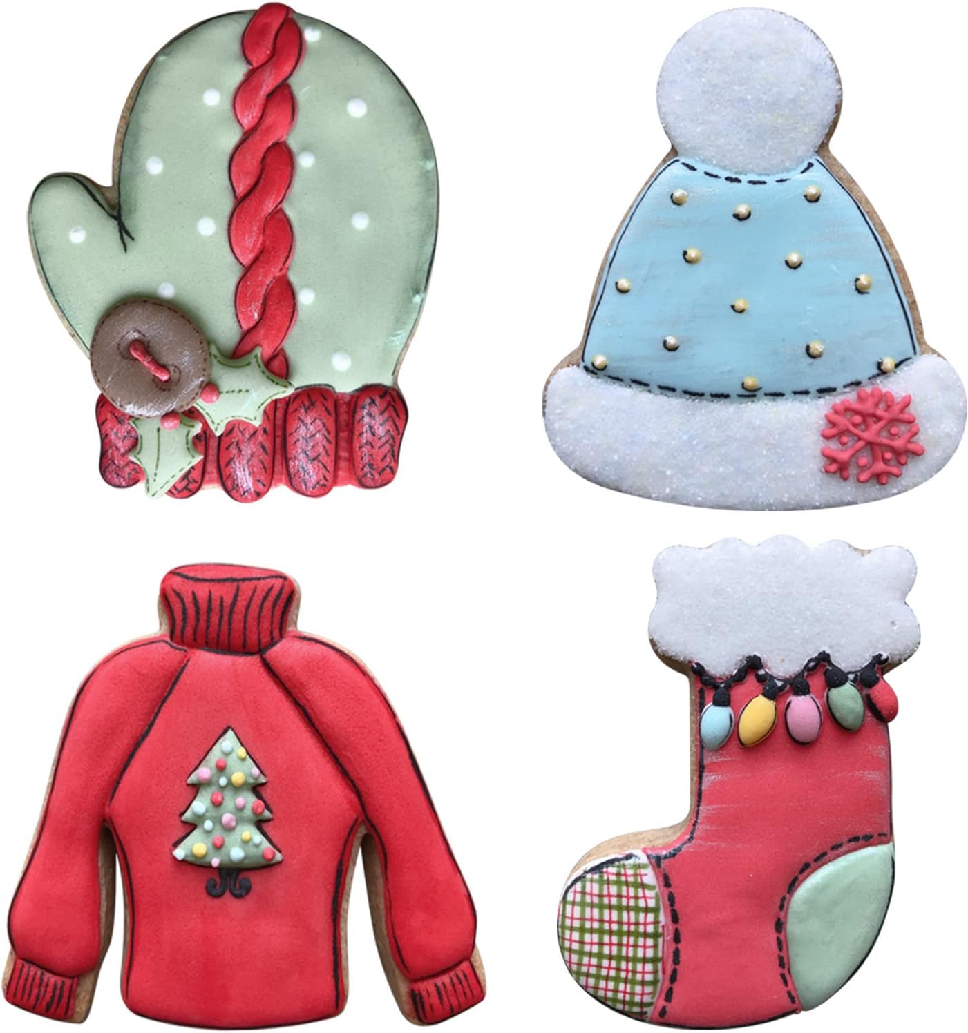 Winter Holiday Christmas Cookie Cutter Set - 4 Piece - Ugly Sweater, Stocking, Hat and Mitten Fondant Biscuit Cutters - Stainless Steel