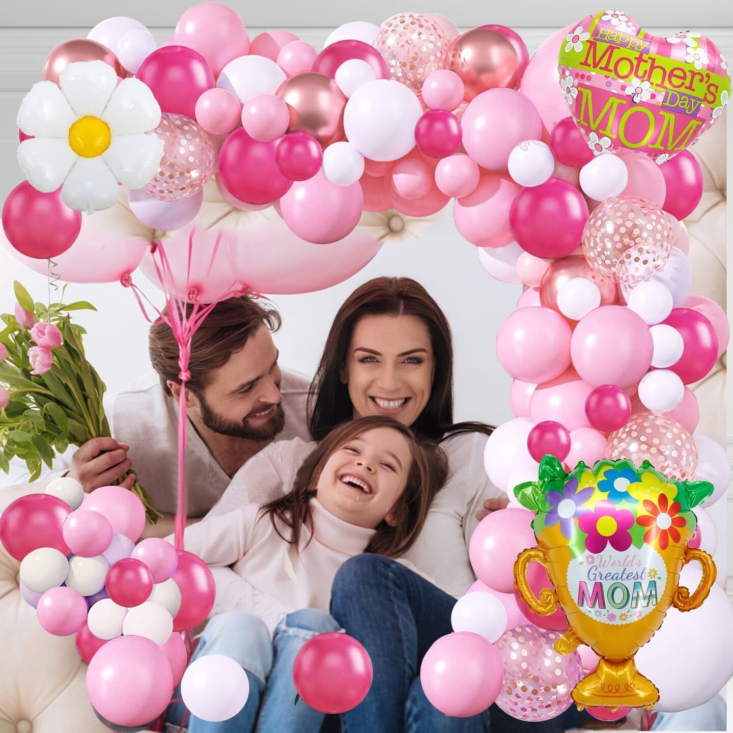 132PCS Mothers Day Balloons Garland Arch Kit,Mothers Day Decorations Happy Mother&#x27;s Day Foil Mylar Balloons for Mothers Day Party Decoration Supplies