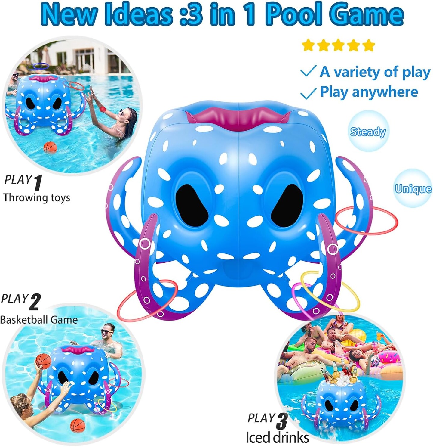 Summer Pool Toys Octopus Set with Basketball Hoop, Water Toys-Ring Toss Game, Pool Inflatable Float for Kids Boys, Girls, Adults, Indoor Outdoor Summer Beach Pool Party Gifts