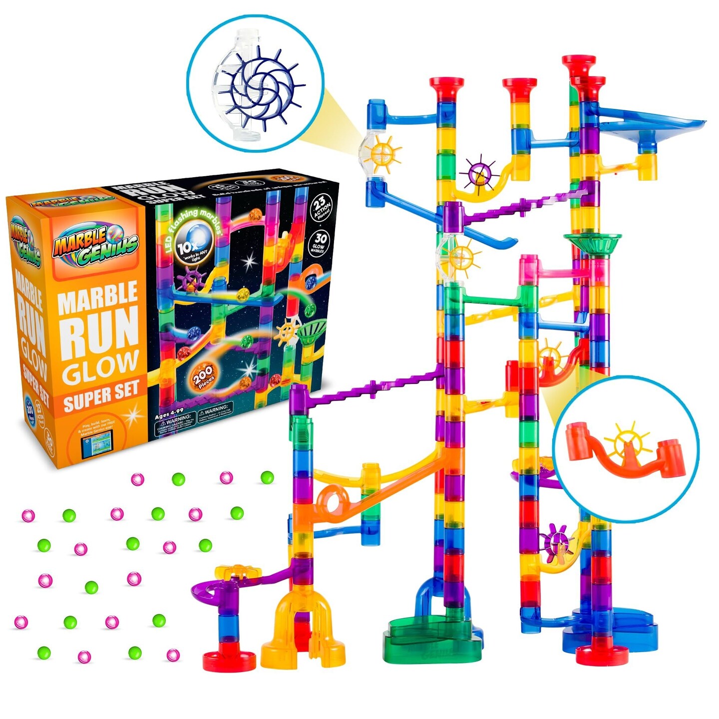 Marble Genius 200 pcs Glow Marble Run Track Race Super Set for Kids Ages 3-14, Glow in the Dark, STEM Educational Building Block, Color Instruction Manual, Perfect Gifts for Kids