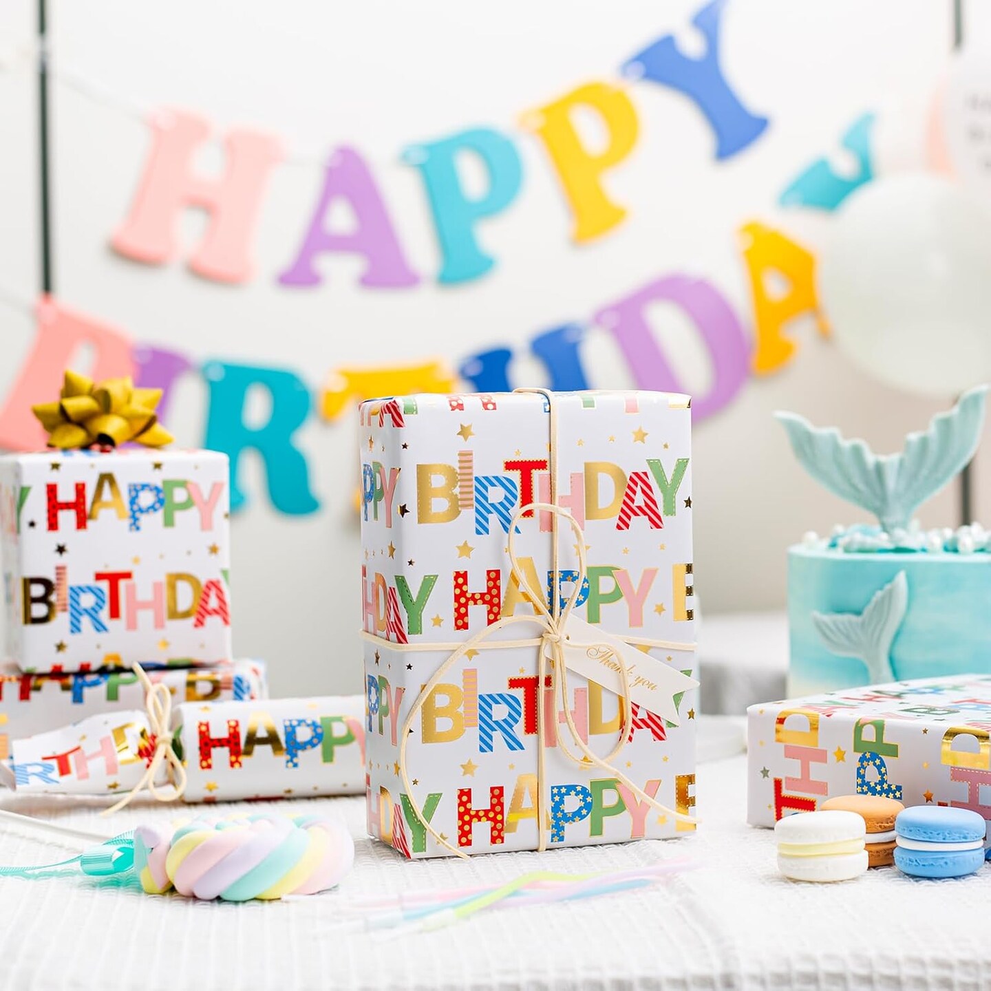 Happy Birthday Foil Wrapping Paper Roll – 17"x32.8ft (46.5 sq.ft) for Birthday, Baby Shower & Party