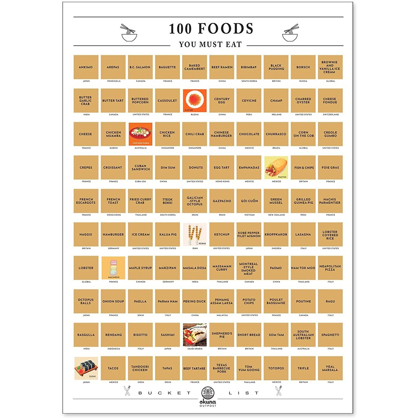 Scratch Off Poster, 100 Foods You Must Eat Bucket List (16.5 x 23.5 Inches)