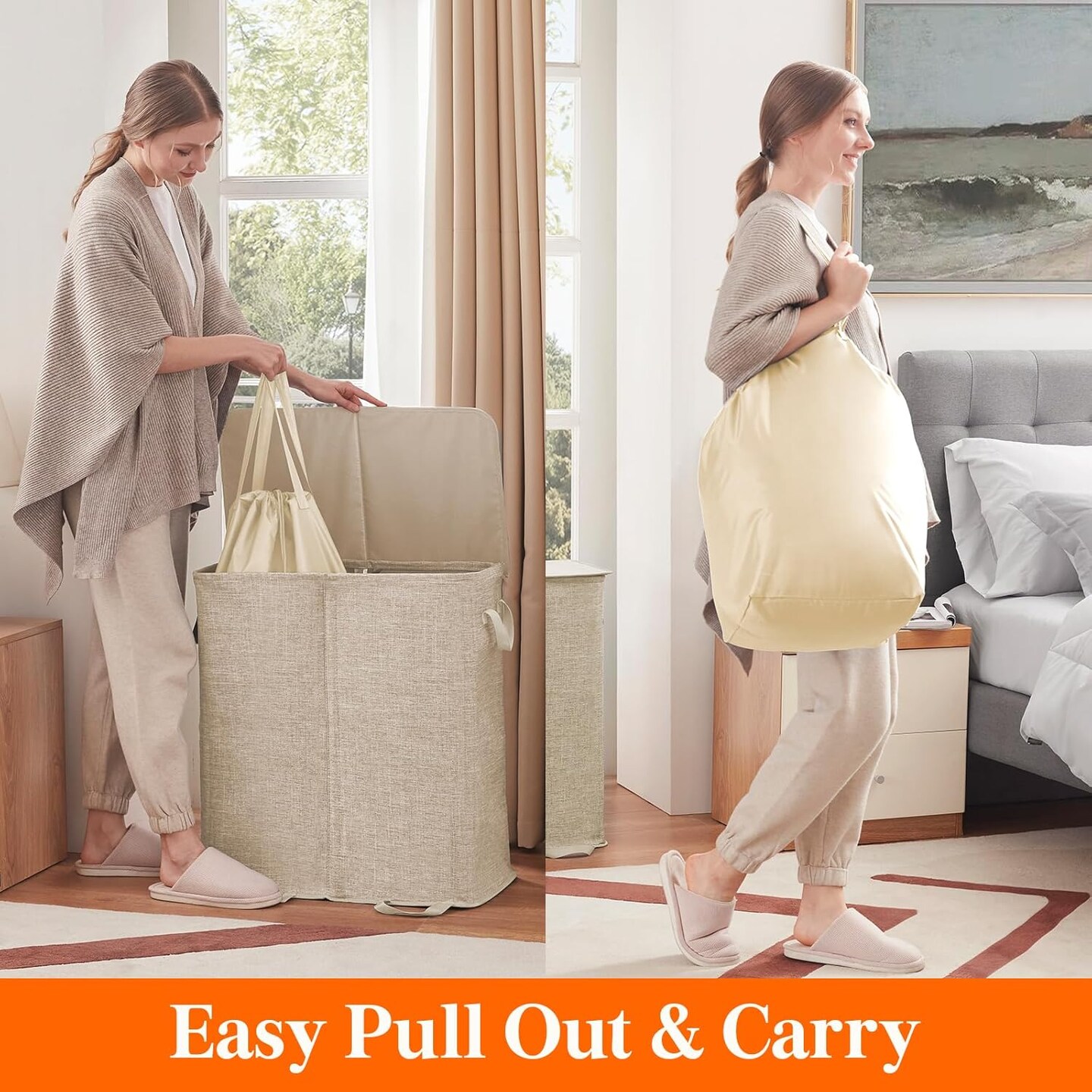 Double Laundry Hamper with Lid and Removable Laundry Bags, Large Collapsible 2 Dividers Dirty Clothes Basket with Handles