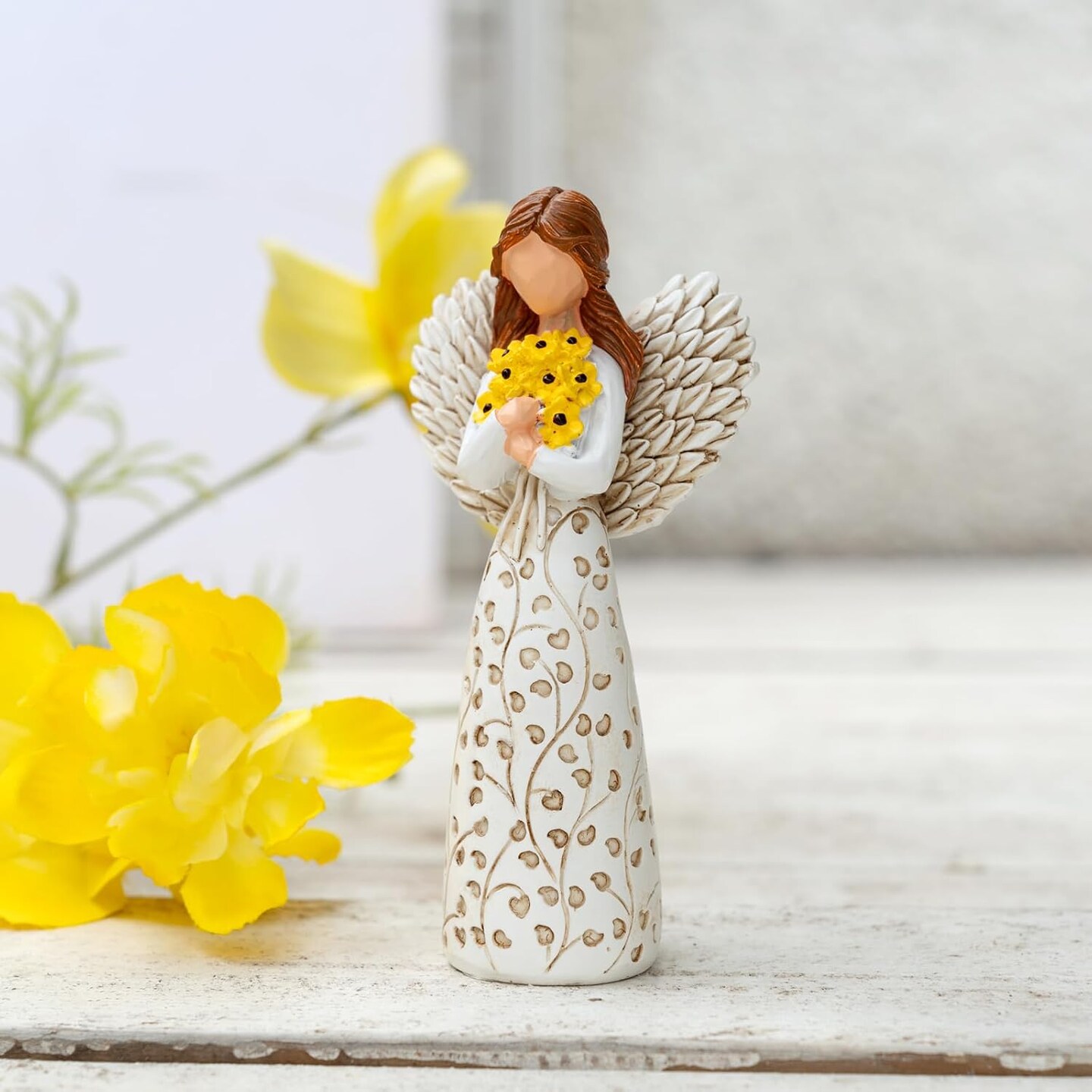 Hand-Painted Angel Figurine – Sunflower & Tree of Life, 5.9" Collectible Gift