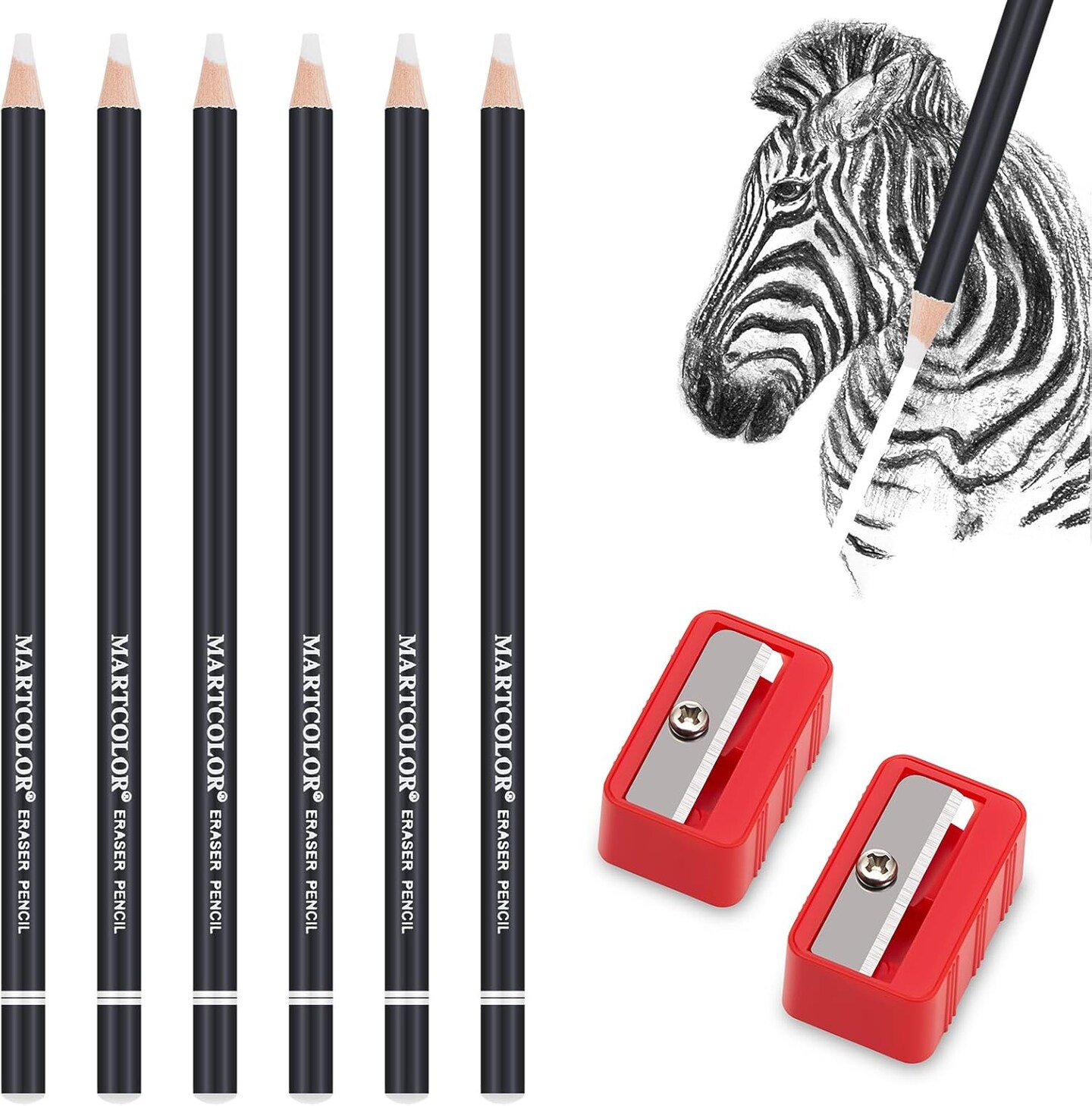 6 PCS Eraser Pencils & 2 Sharpeners Set – Precision Detail Erasers for Sketching, Charcoal & Colored Pencil Art – Fine Tip Drawing Tools for Artists, Students & Professionals