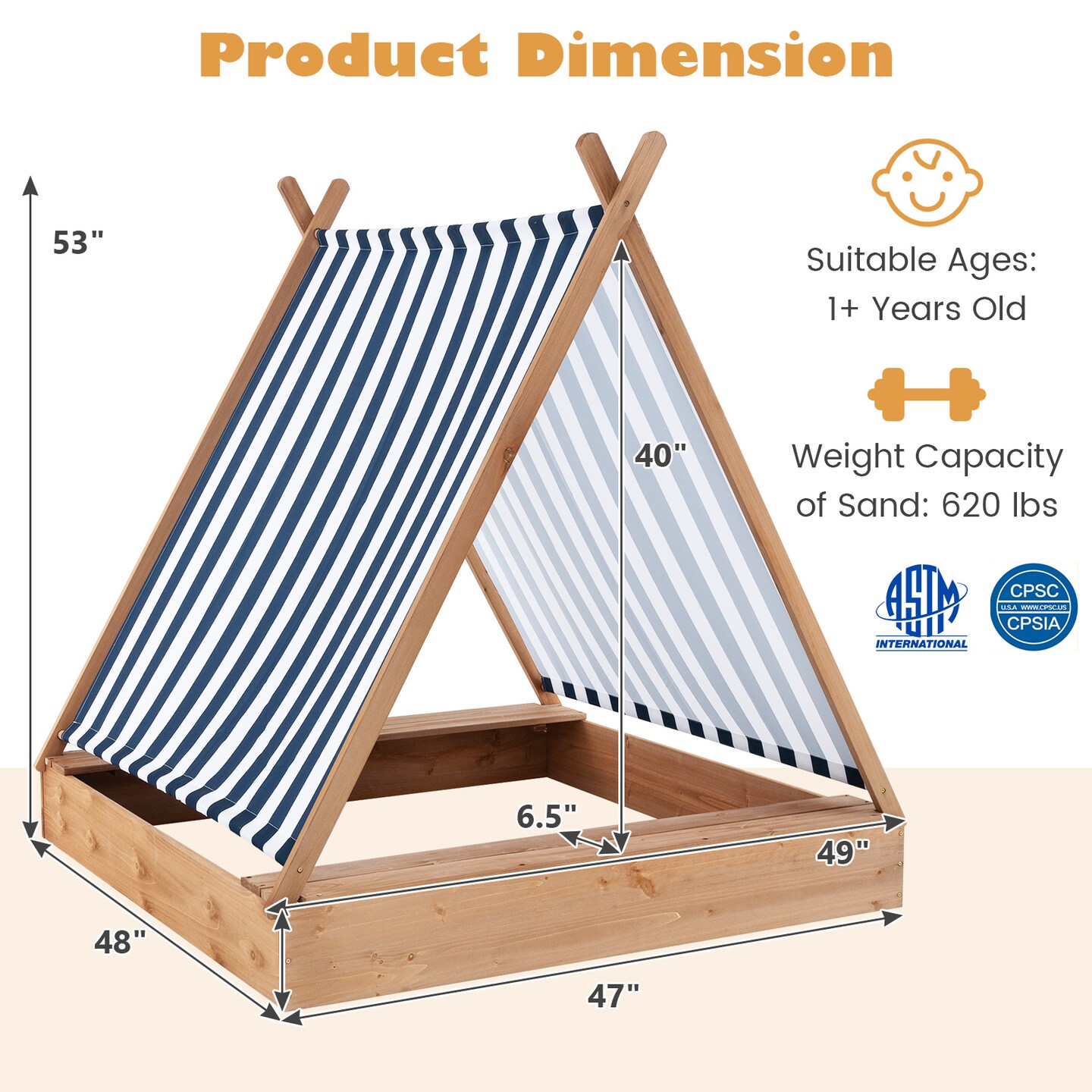 Wooden Sandbox with Canopy &#x26; Built-in Benches 49x48