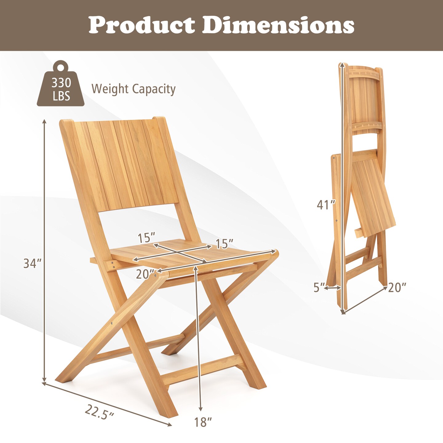 Set of 2 Teak Wood Patio Foldable Dining Chairs with Slatted Surface Perfect for Outdoor Use