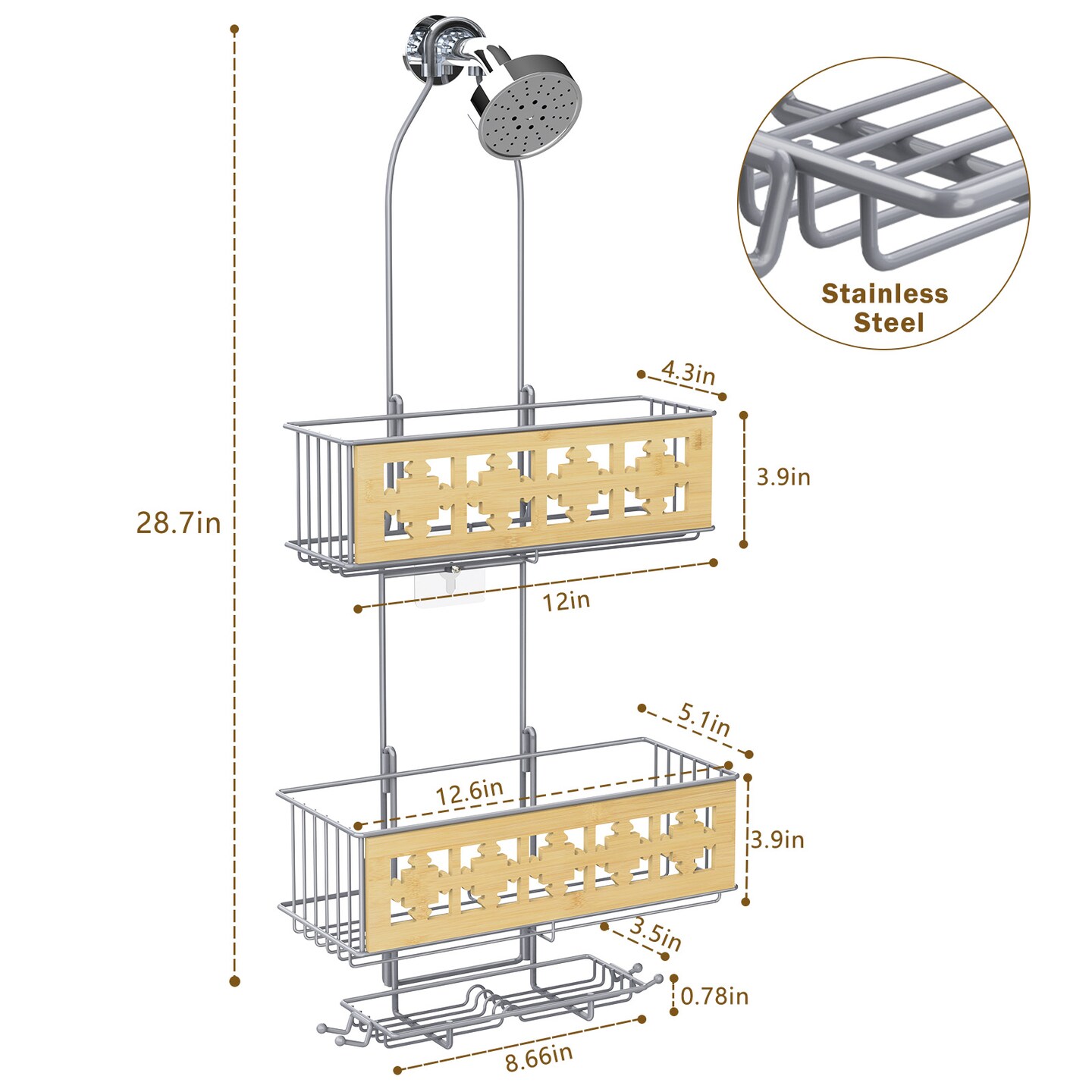 3-Tier Hanging Shower Caddy Over Shower Head – Rustproof Bathroom Organizer with Soap Holder, Bamboo Board & Hooks, No-Drill Installation (28.7"H, 40 lb Capacity)