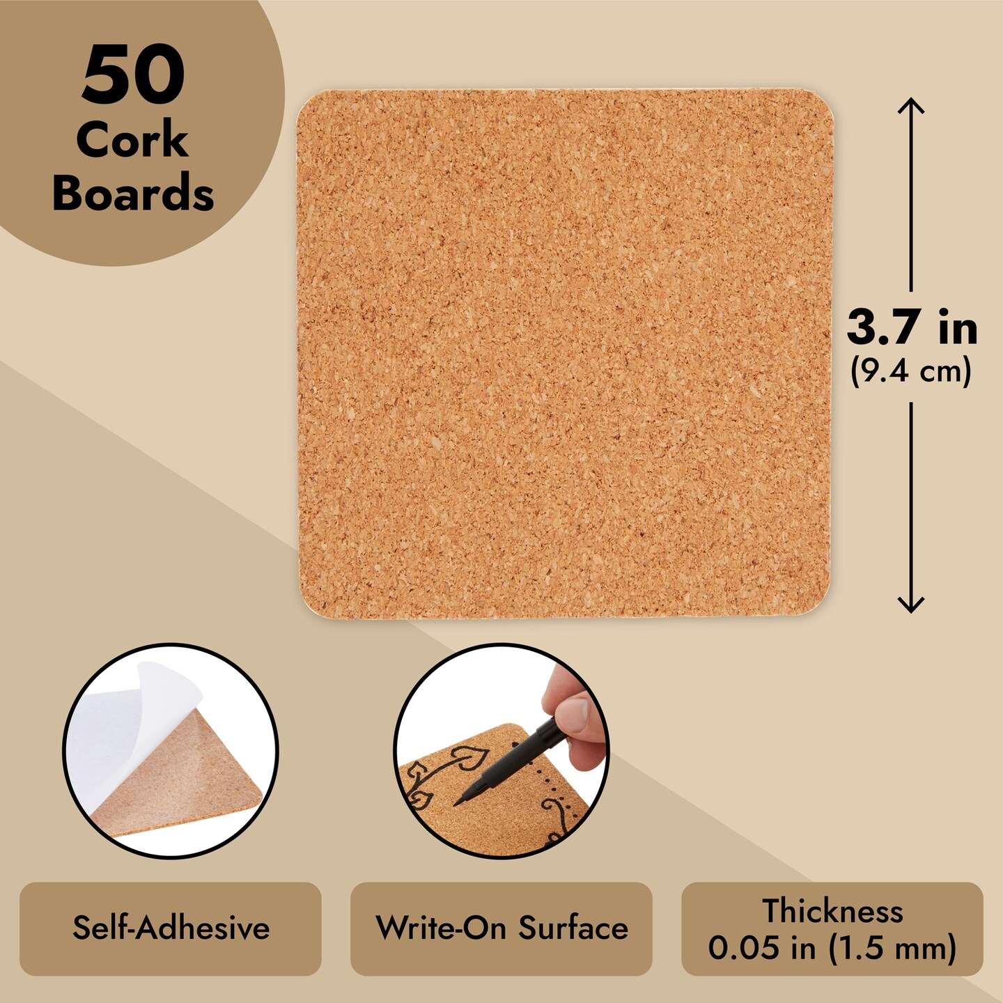 Juvale 50 Pack Square Self Adhesive Cork Board Backings for DIY Crafts, Projects, Customizable Blank Tiles, Cork Squares for Coasters, Decor (1.5 mm Thick, 3.7 in Length)