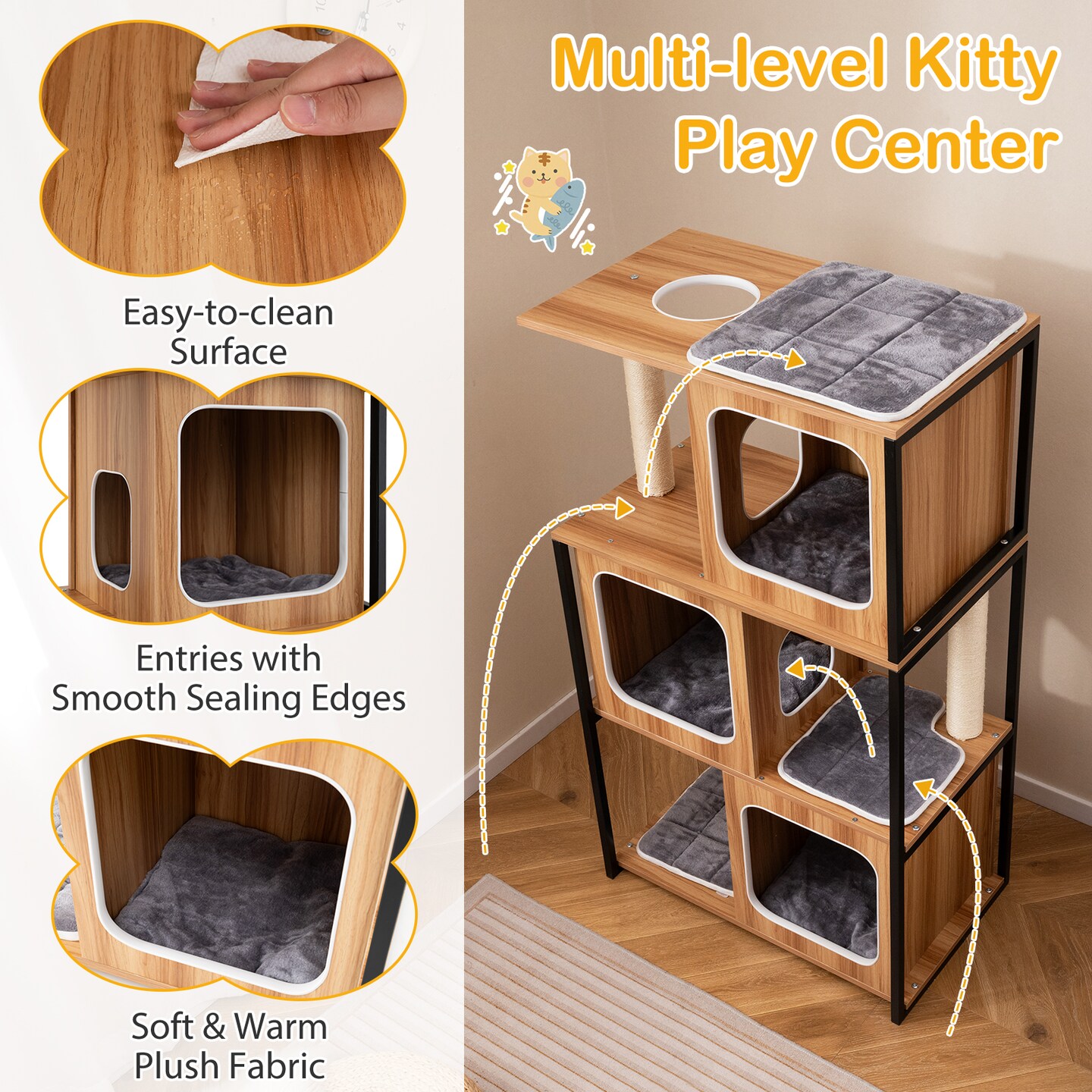 Natural Gray Engineered Wood Multi-Level Cat Tower with Metal Frame