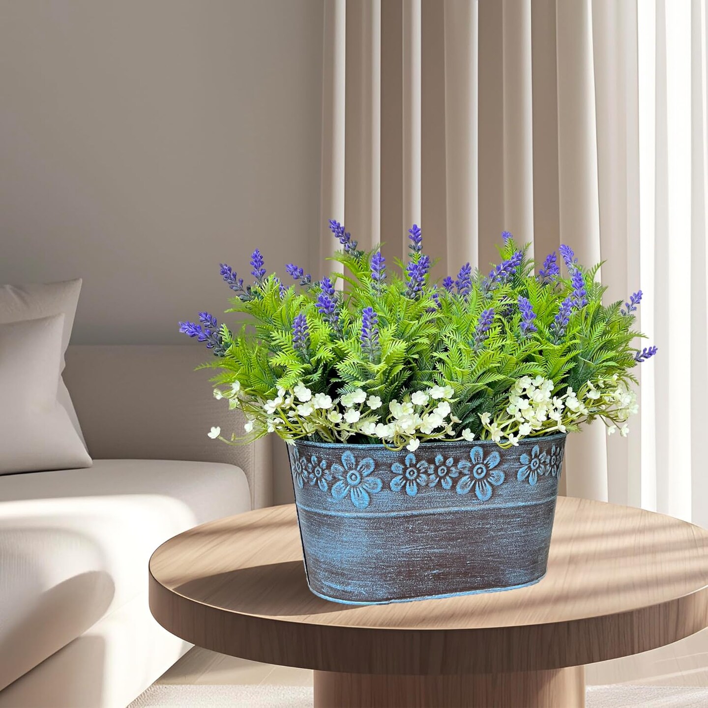 Summer Potted Plants, Artificial Flowers Lavender Arrangement in Rustic Rectangular Metal Planter, Pre-Potted Fake Lavender Table Centerpiece for Gifts Farmhouse