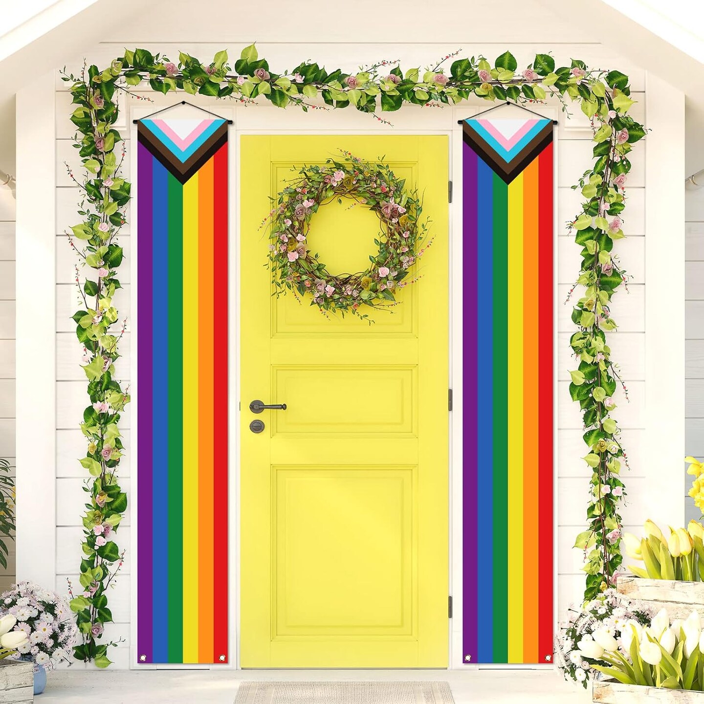 Progress Pride Porch Banner June Pride Month LGBTQ+ Rainbow Front Door Wall Indoor Outdoor Hanging Decoration Photo Booth Backdrop (Progress Pride)
