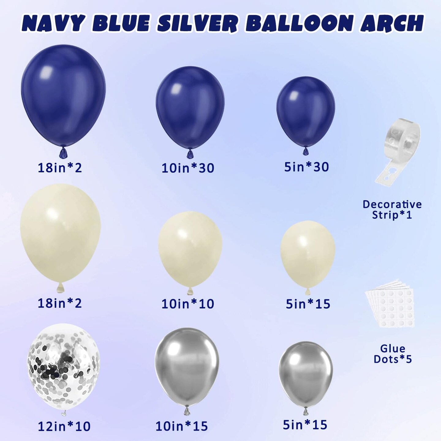 Navy Blue Silver Balloons Arch Kit, Double Stuffed Pearl White Royal Dark Blue Silver Chrome with Confetti Balloons Garland Kit for Birthday Baby Shower Wedding Graduation Father's Day Decorations
