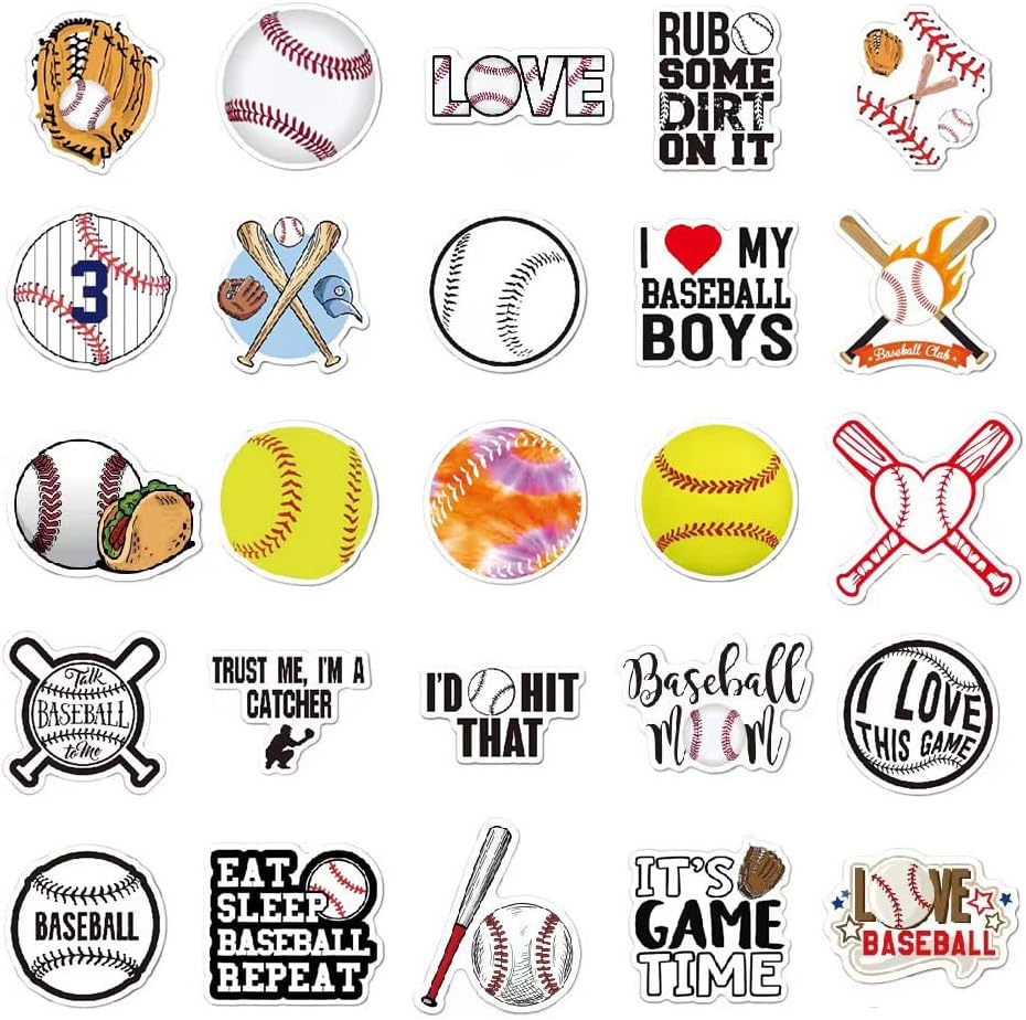 Baseball Stickers | 50 Pcs Baseball Waterproof Vinyl Stickers for Helmet Snowboard Water Bottles Bicycle Laptop Refrigerator Luggage Computer Mobile Phone Bike Decals