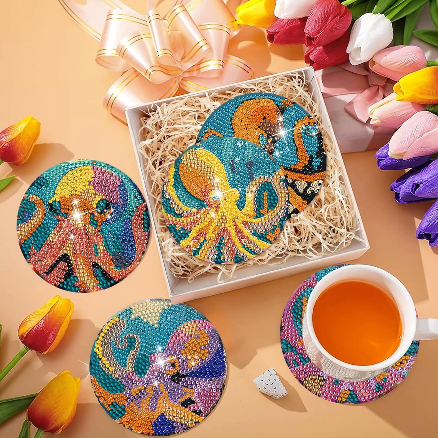 Diamond Art Coasters Set of 6, Small Diamond Painting Kits for Adults Beginners, Cork Coaster for Drinks Gem Art Coasters with Holder Home Decor for Octopus