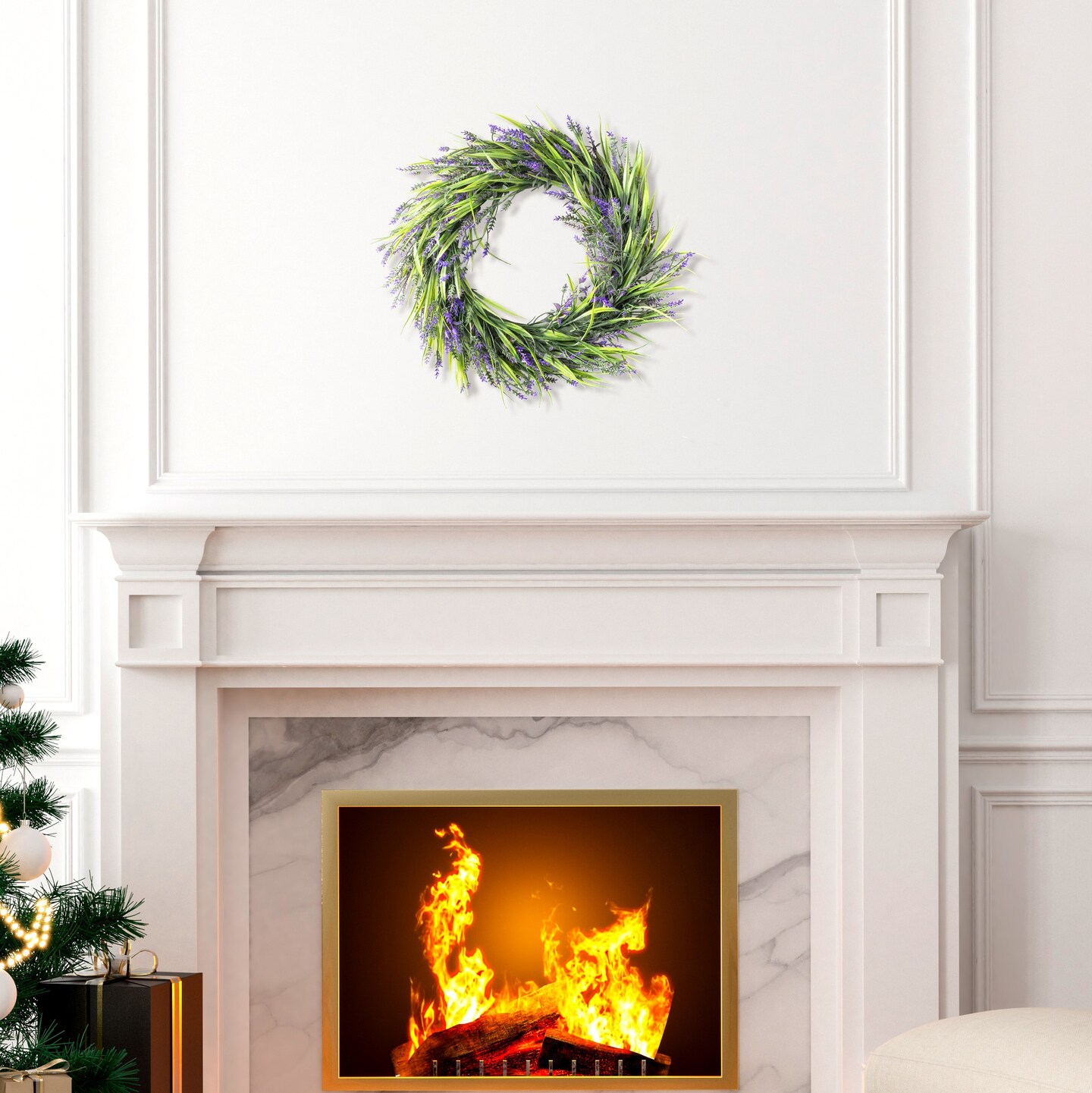 16&#x201D; Lavender Wreath Front Door Small Artificial Flower Farmhouse Purple Wreath for Wall Window Wedding Decor Outdoor Indoor Home Decoration