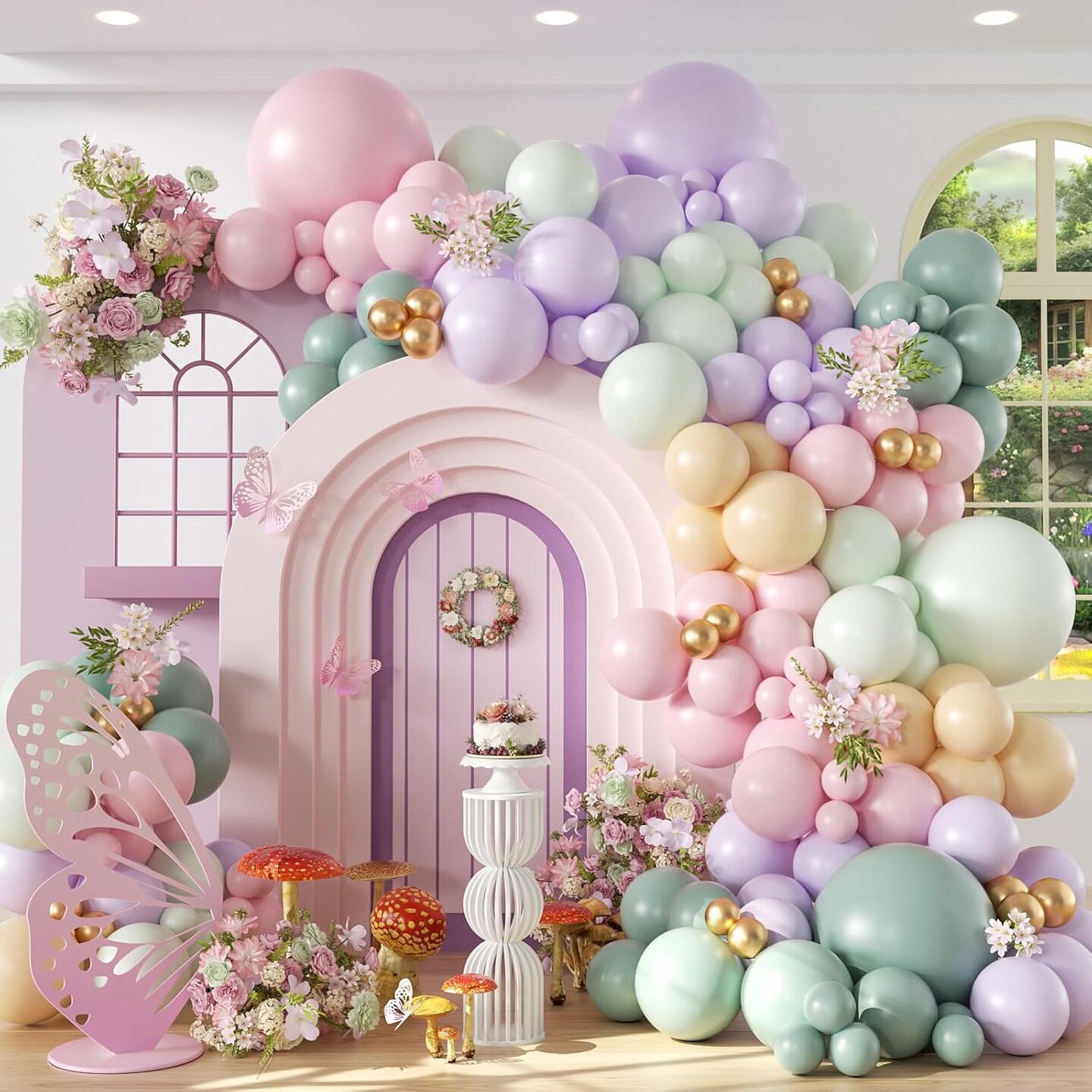 157pcs Pastel Pink and Purple Balloon Arch Garland Kit, Pink Purple Teal Light Green Nude Metallic Gold Latex Balloons for Baby Shower Spring Garden Tea Party Decorations