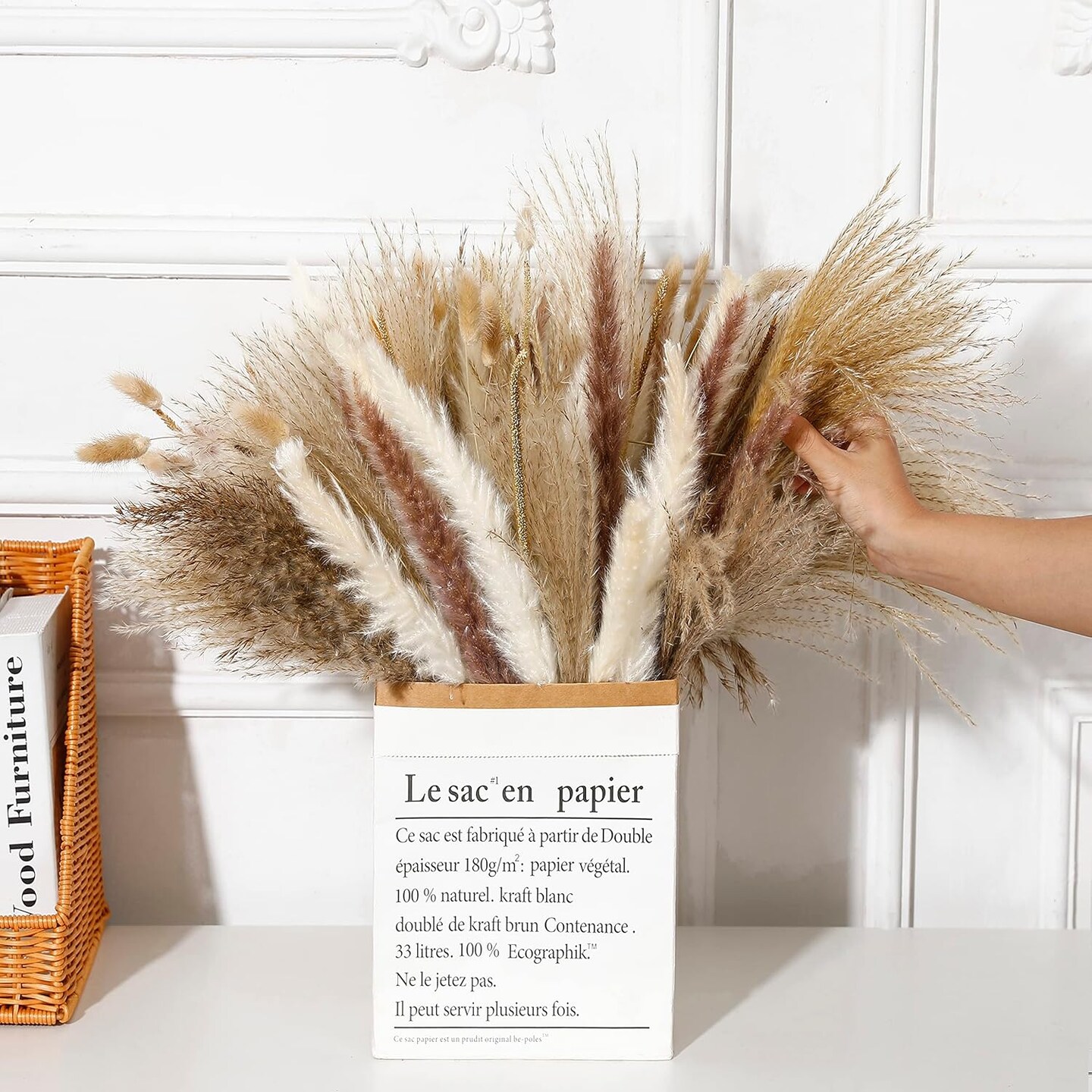 135Pcs Dried Pampas Grass Decor, Boho Home Decor, Mini Bunny Tails Dried Flowers, Fluffy Pompous Grass Bouquet