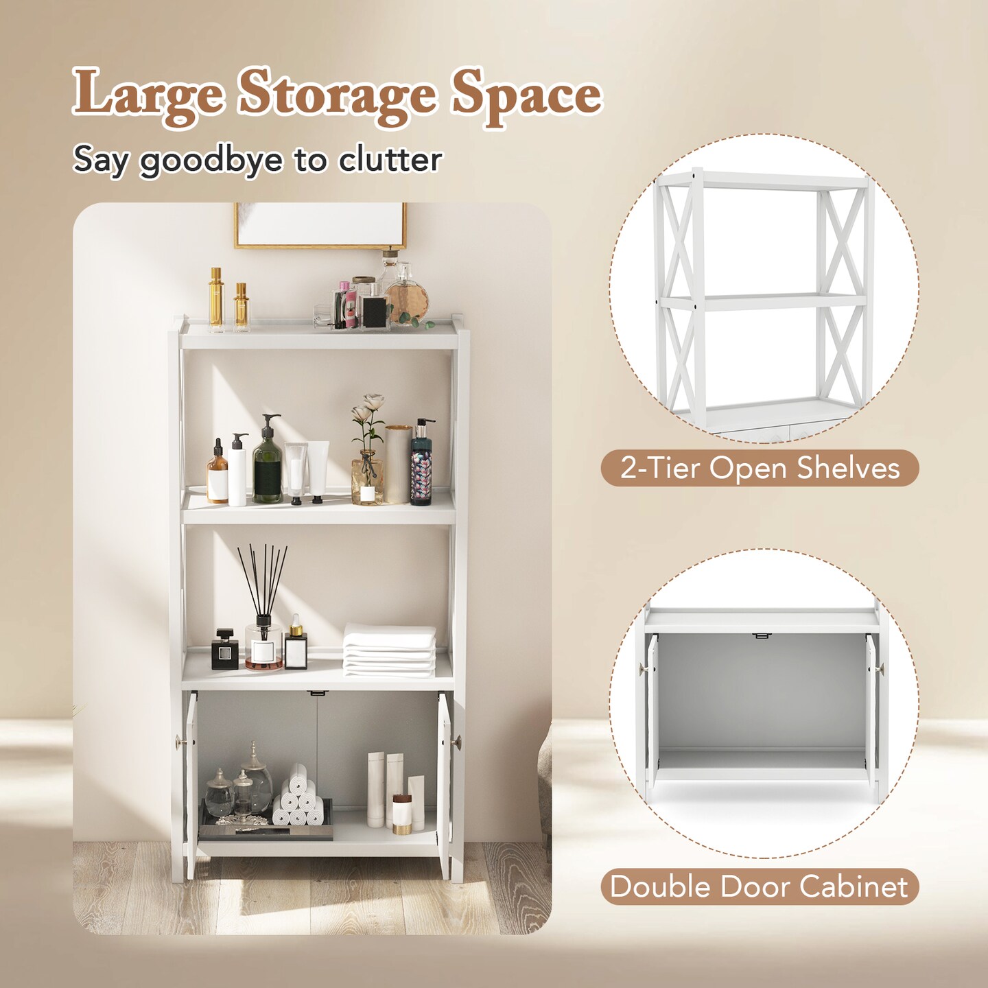 Tall Freestanding Floor Bathroom Storage Cabinet with 2-Tier Open Shelves and Magnetic Doors