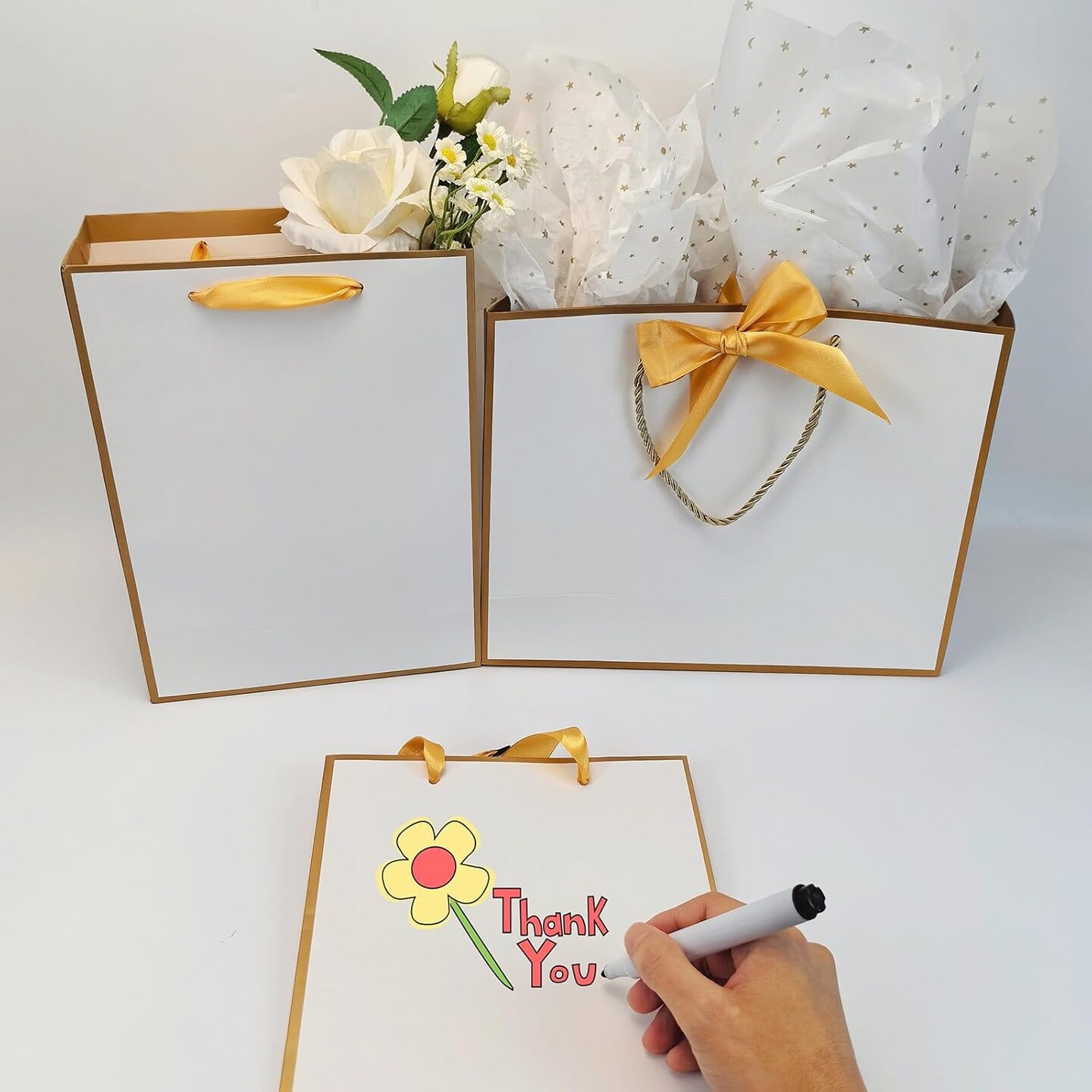 Gift Bags with Handles, 12 Pack 11.3 x 8.6 x 3.9 Gift Bags Medium size, White Gold Thank You Bags