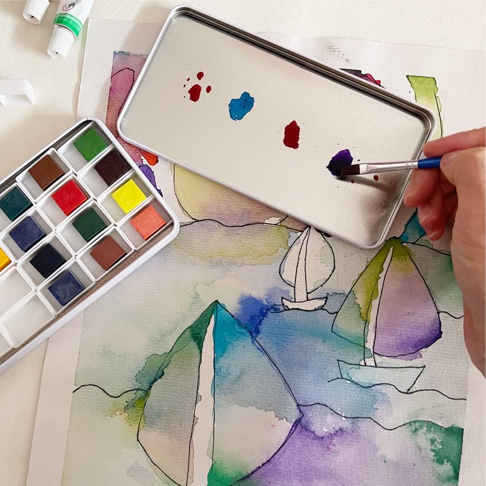 Watercolor Palette Tin Box with 20 Full Pans, Empty Magnetic Squares - Metal Art Paint Mixing Tray for Watercolor Painting, Portable Paint Box for Artists