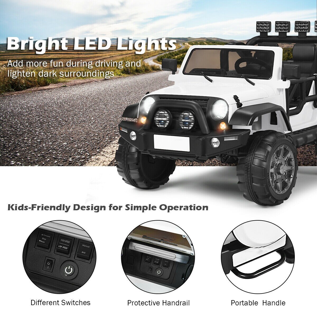 2-Seat Ride-On Car Truck with Remote Control, LED Lights, Music and Safety Features