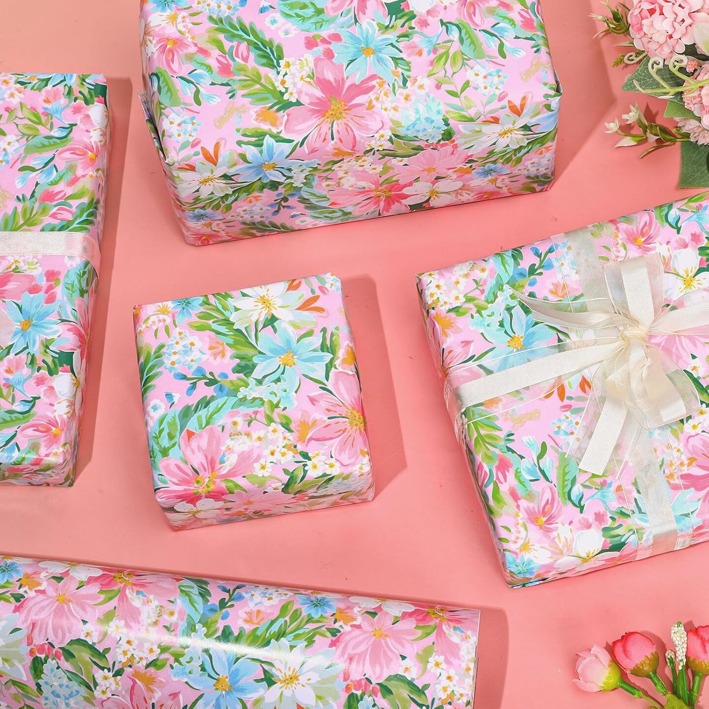 Spring Floral Wrapping Paper – Mini Roll 17" x 32.8 Ft | Watercolor Pink & Blue Flowers for Wedding, Birthday, Baby Shower & DIY Crafts (Pink)