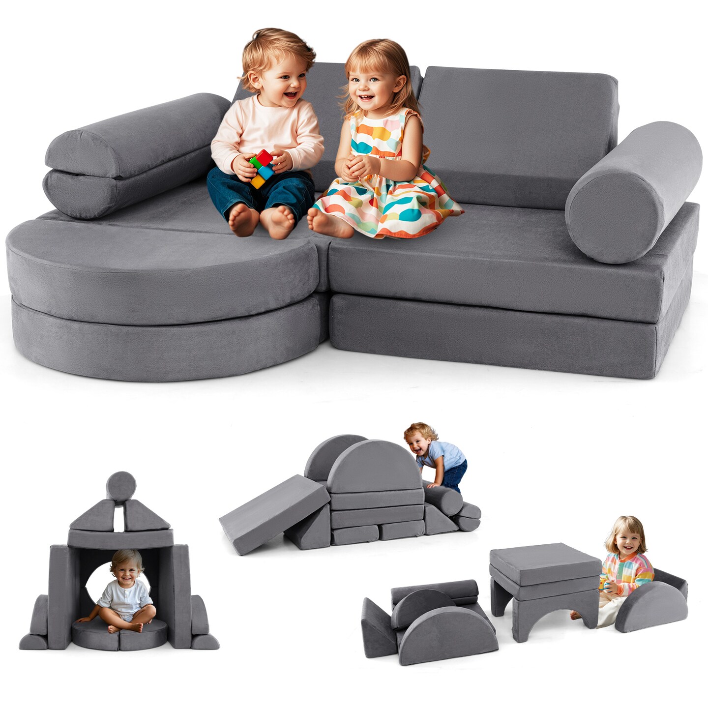 Velvet Suede 13-Piece Kids Modular Play Couch, Soft and Safe Design