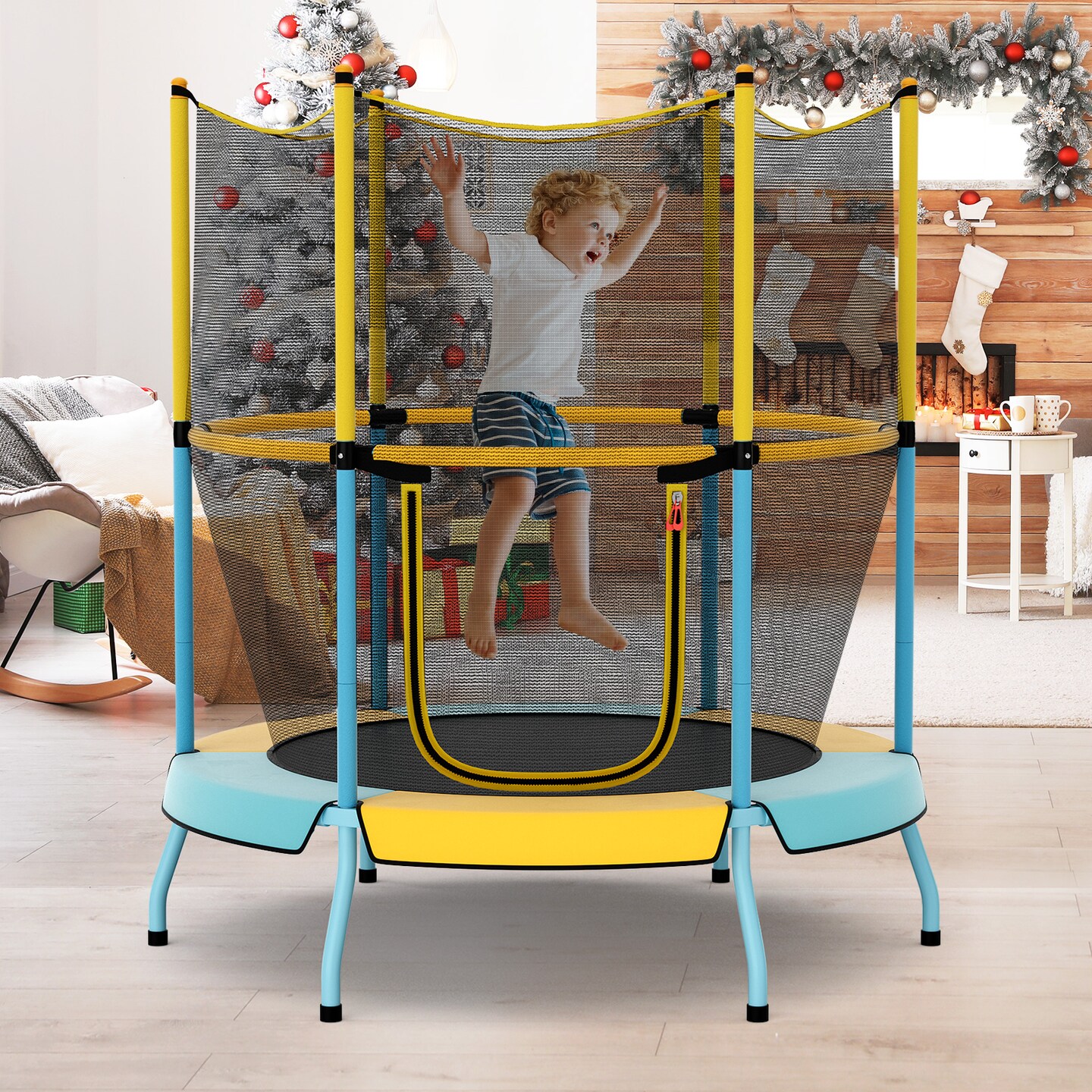 Kids Trampoline with Safety Net, Zipper Door and Heavy-Duty Frame