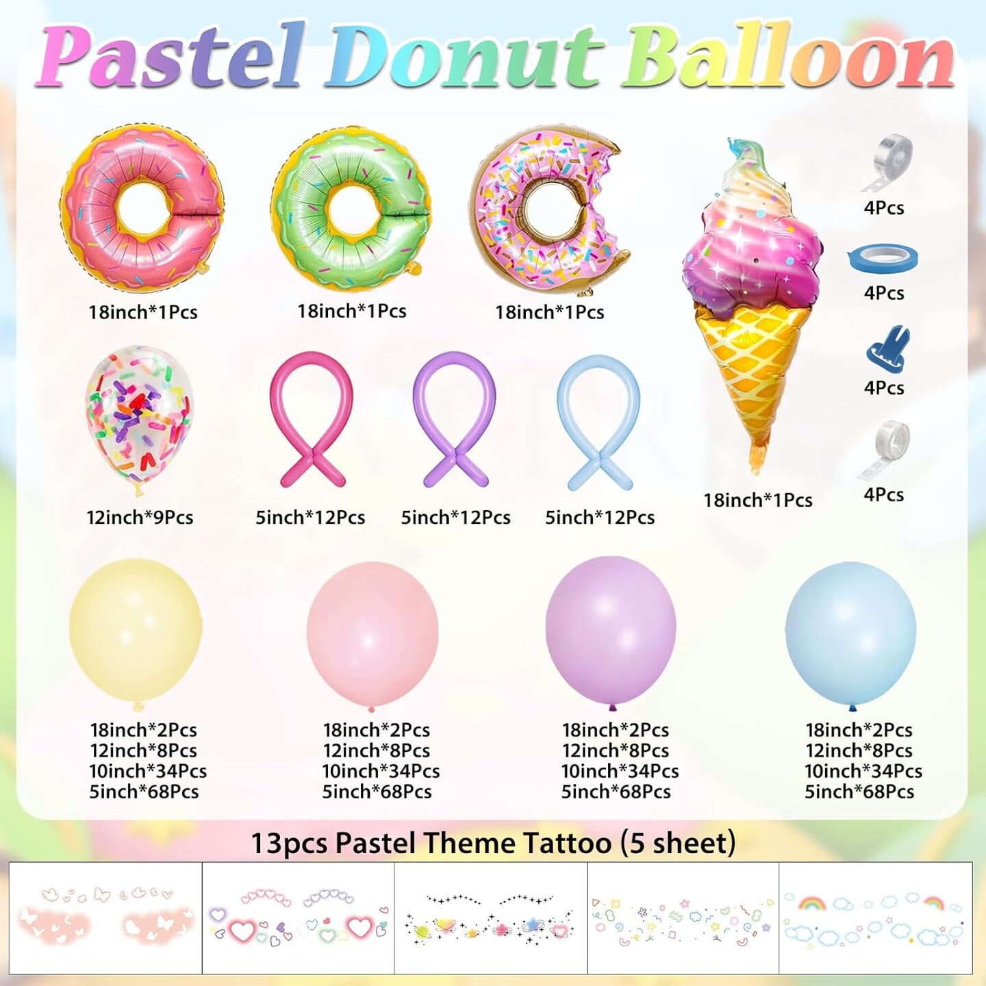 520PCS Pastel Donut Balloon Arch Garland Kit, with Pastel Rainbow Balloon,Ice Cream Foil Balloons Pastel Tattoo for Sweet One Donut Grow Up First Birthday Party Baby Shower Decor