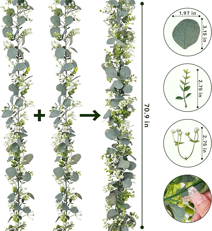 2 Pack Artificial Eucalyptus Garland with Flowers,Faux Greenery Garland Decor 5.9FT Fake Vines Hanging Spring Garlands for Bedroom Wedding Backdrop Arch Wall Centerpiece Table Outdoor Decor