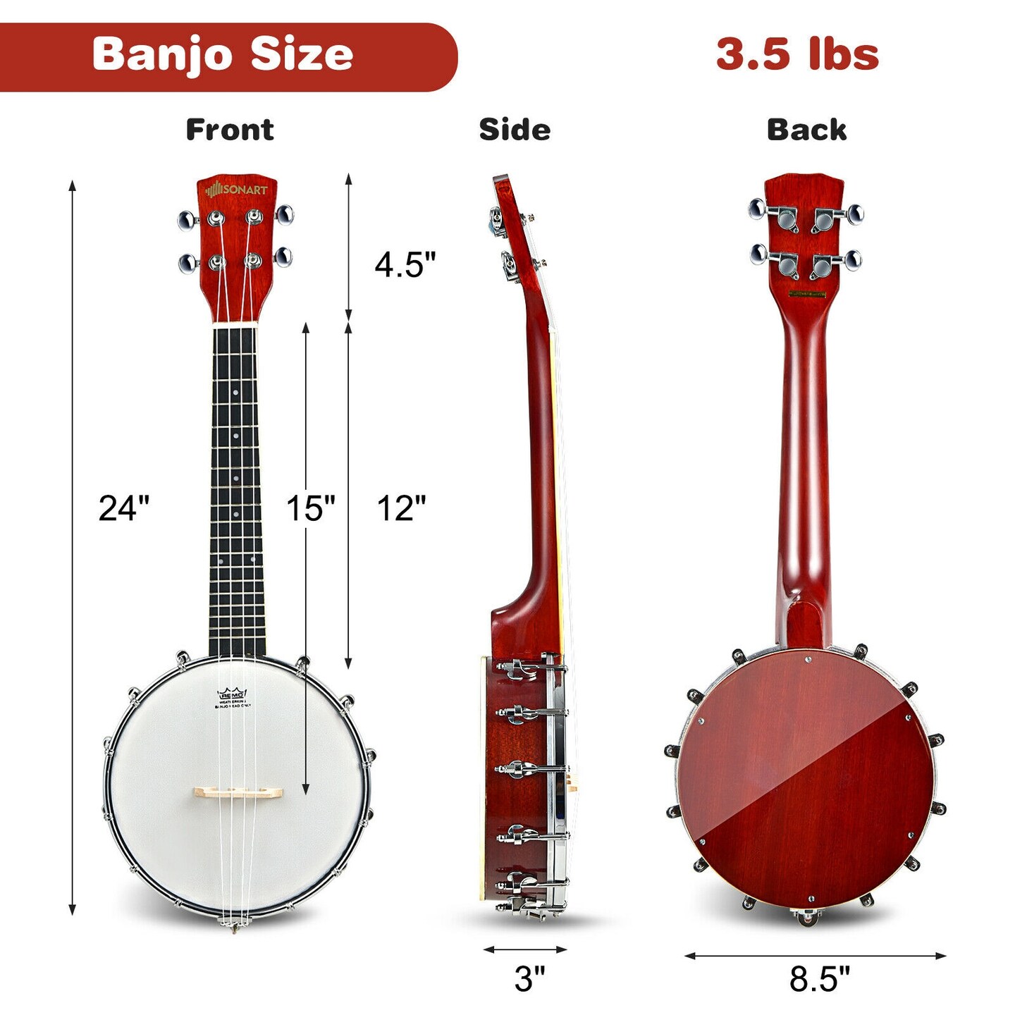 Mini Banjo Ukulele with Remo Drumhead, Maple Bridge and Gig Bag