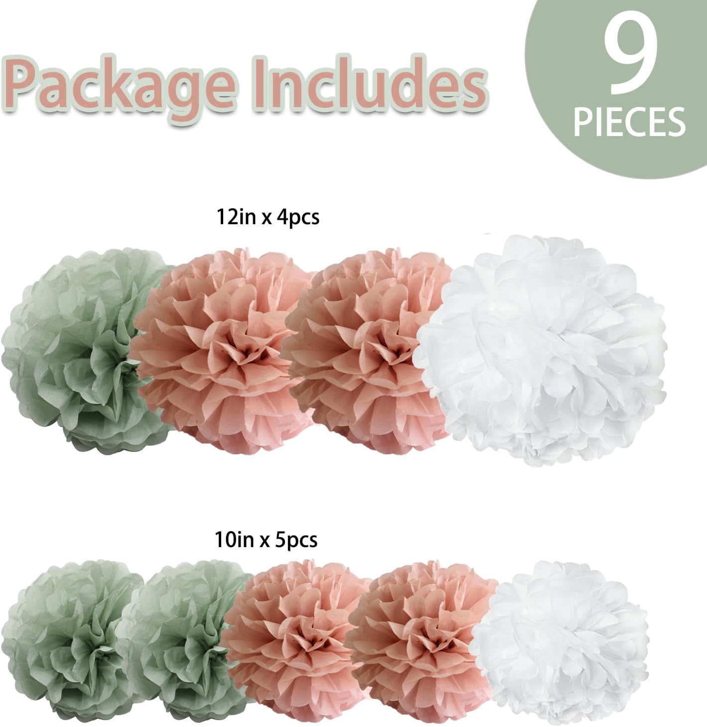 Sage Green Dusty Pink Boho Tissue Pom Poms Pastel Paper Flowers Backdrop for Baby Shower Wedding Bridal Shower Birthday Nursery Wall Hanging D&#xE9;cor, Large 12&#x22; &#x26;10&#x22; Pom Pom Decorations