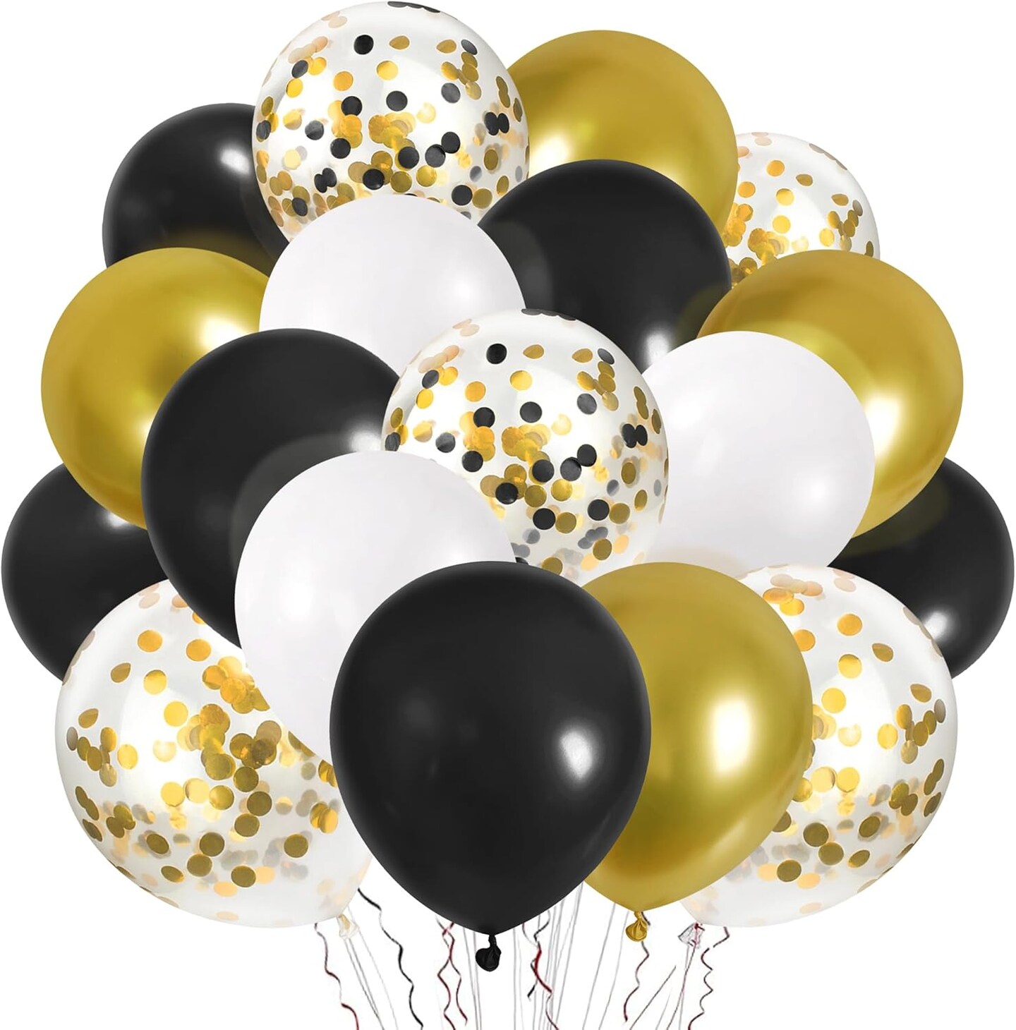 0pcs 12 Inches Black Gold Confetti Balloons Kit, Metallic Gold and Black White Party Balloons with Ribbons for Birthday, Baby Shower, Graduation, New Year Decorations