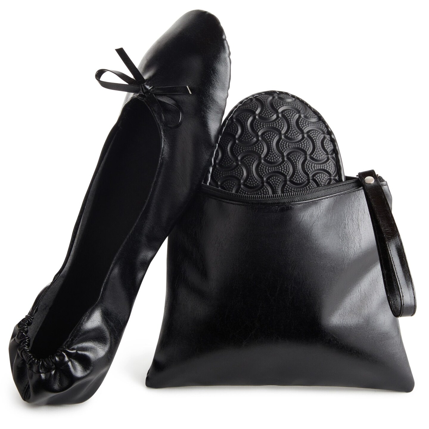 Black Foldable Ballet Flats for Women, Roll Up Flats with Zipper Pouch, US Size 8.5-9.5