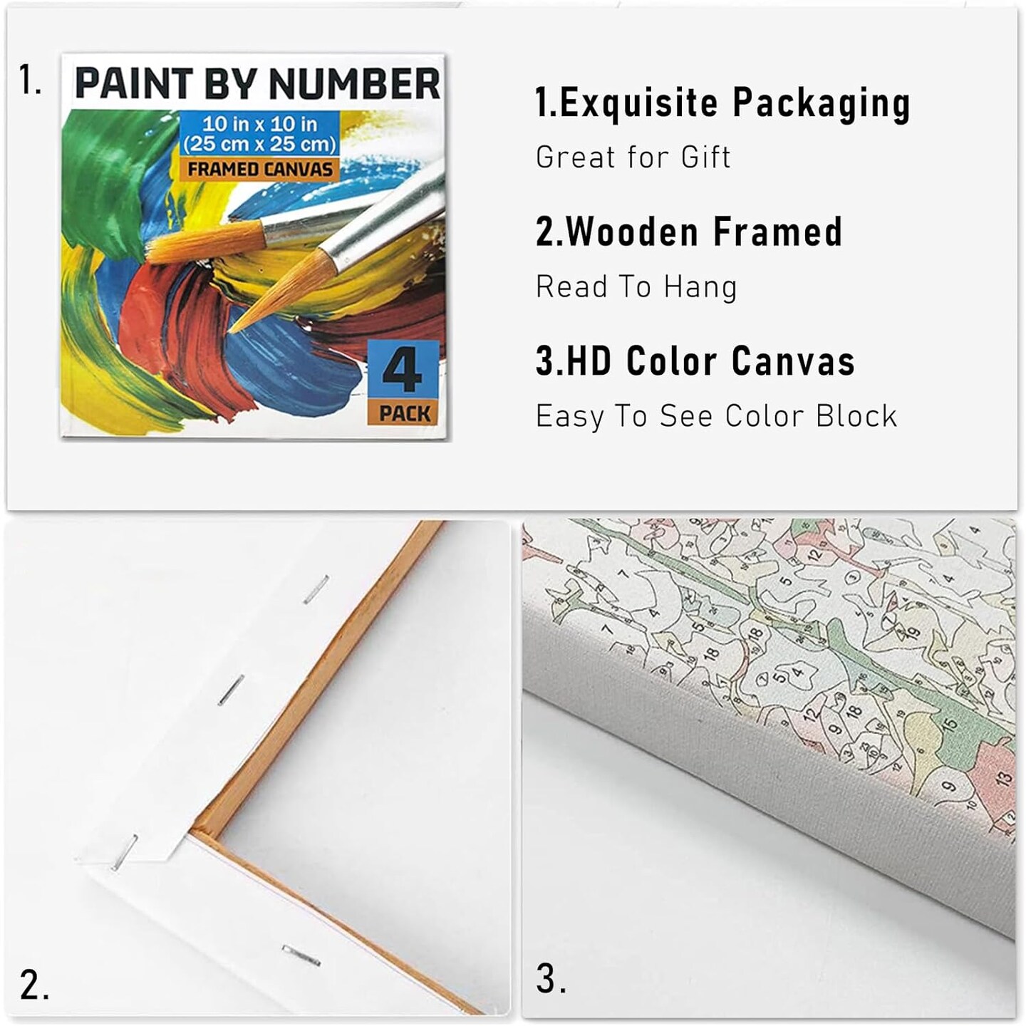 Flowers Paint by Number for Adults Canvas Framed, 4 Pack 10&#x22;x10&#x22; Easy Framed Paint by Number Kits for Beginner Kids, DIY Simple Flowers Acrylic Oil Painting Number Kits with Frame