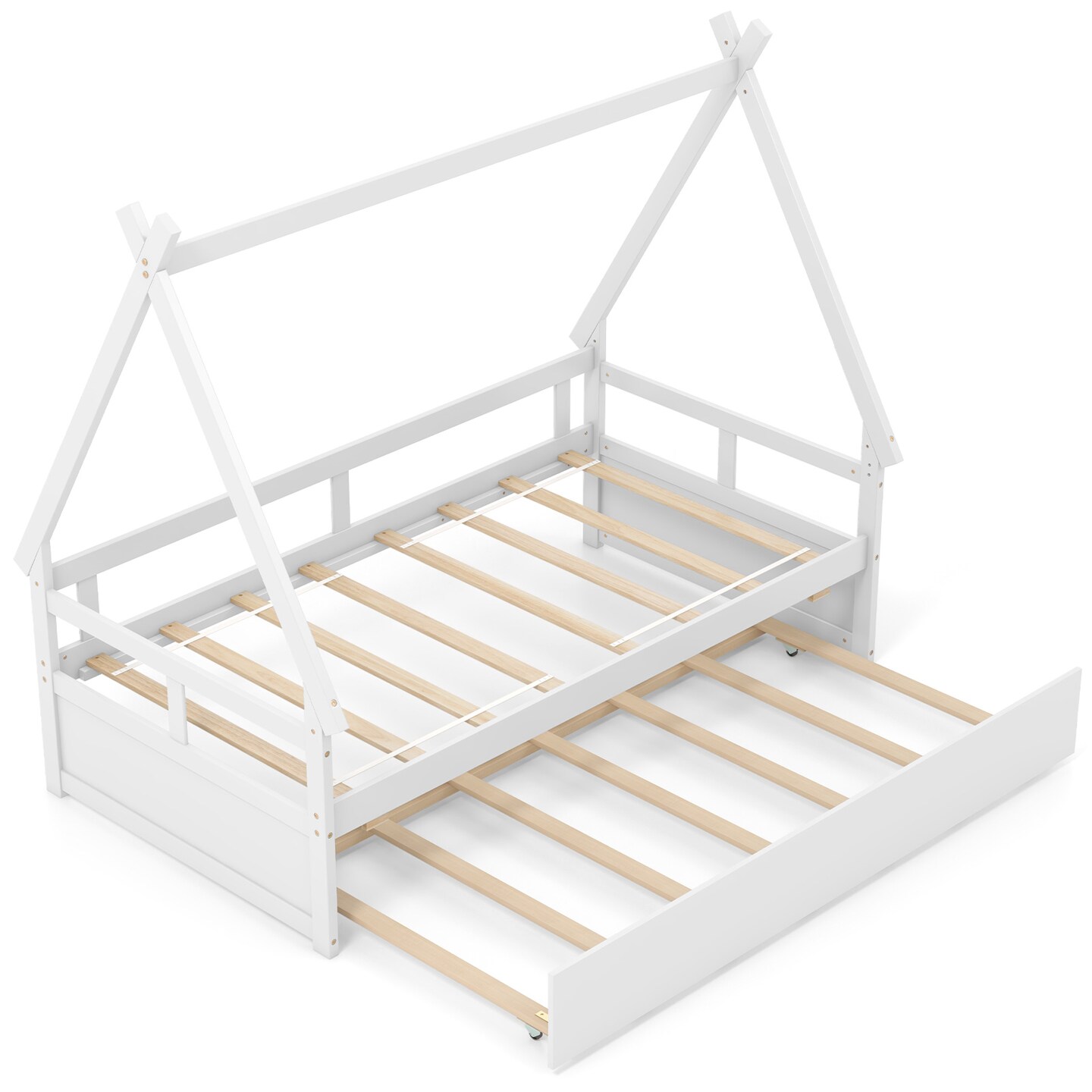 Twin Size House Frame Bed with Trundle, Wooden Construction and Creative Design